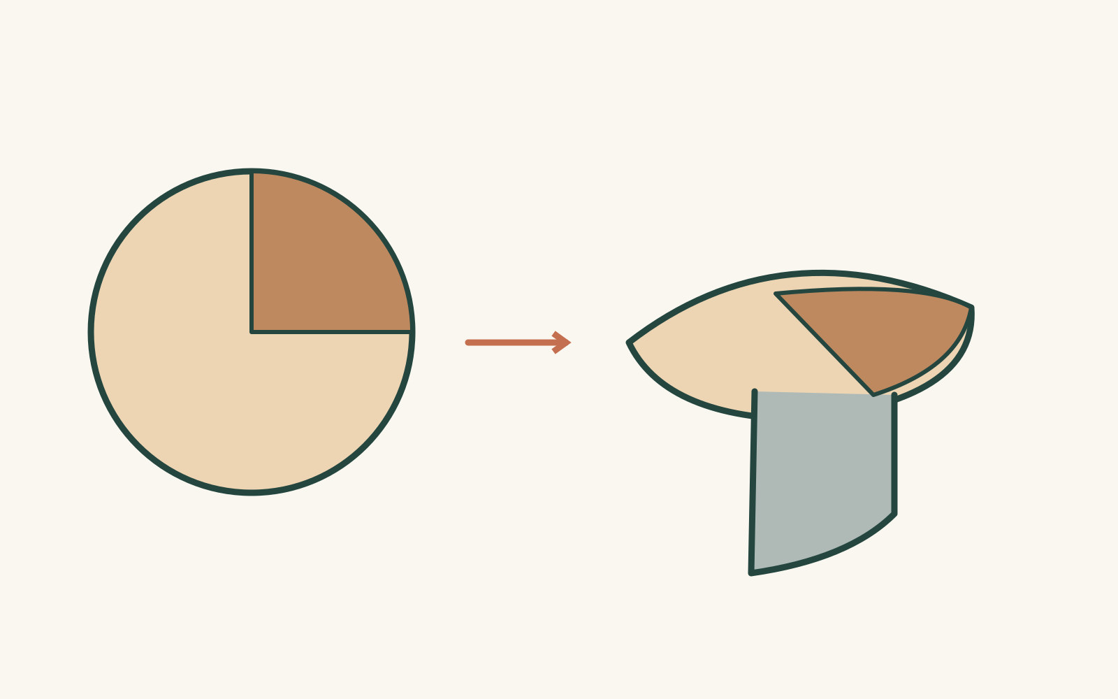 A circle in two wood-like tones points towards a low arrangement of curved planes and a grey support.