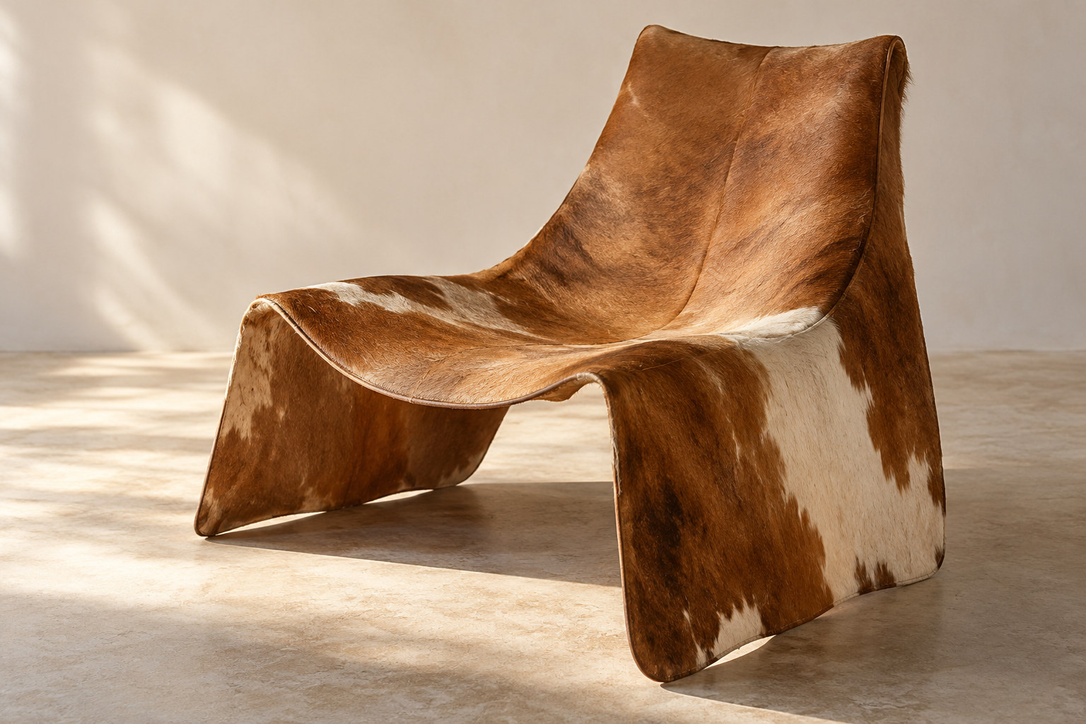A brown-and-white hide-like shell curves into seat, back and descending supports without a separate visible frame.