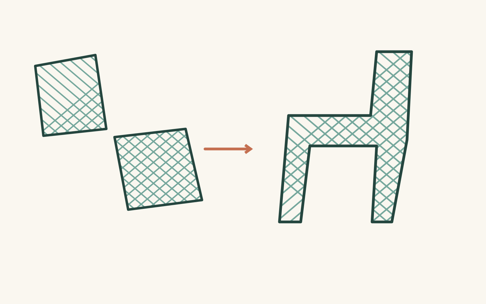 Separate patterned planes sit beside a related chair-like volume, linked by an arrow.