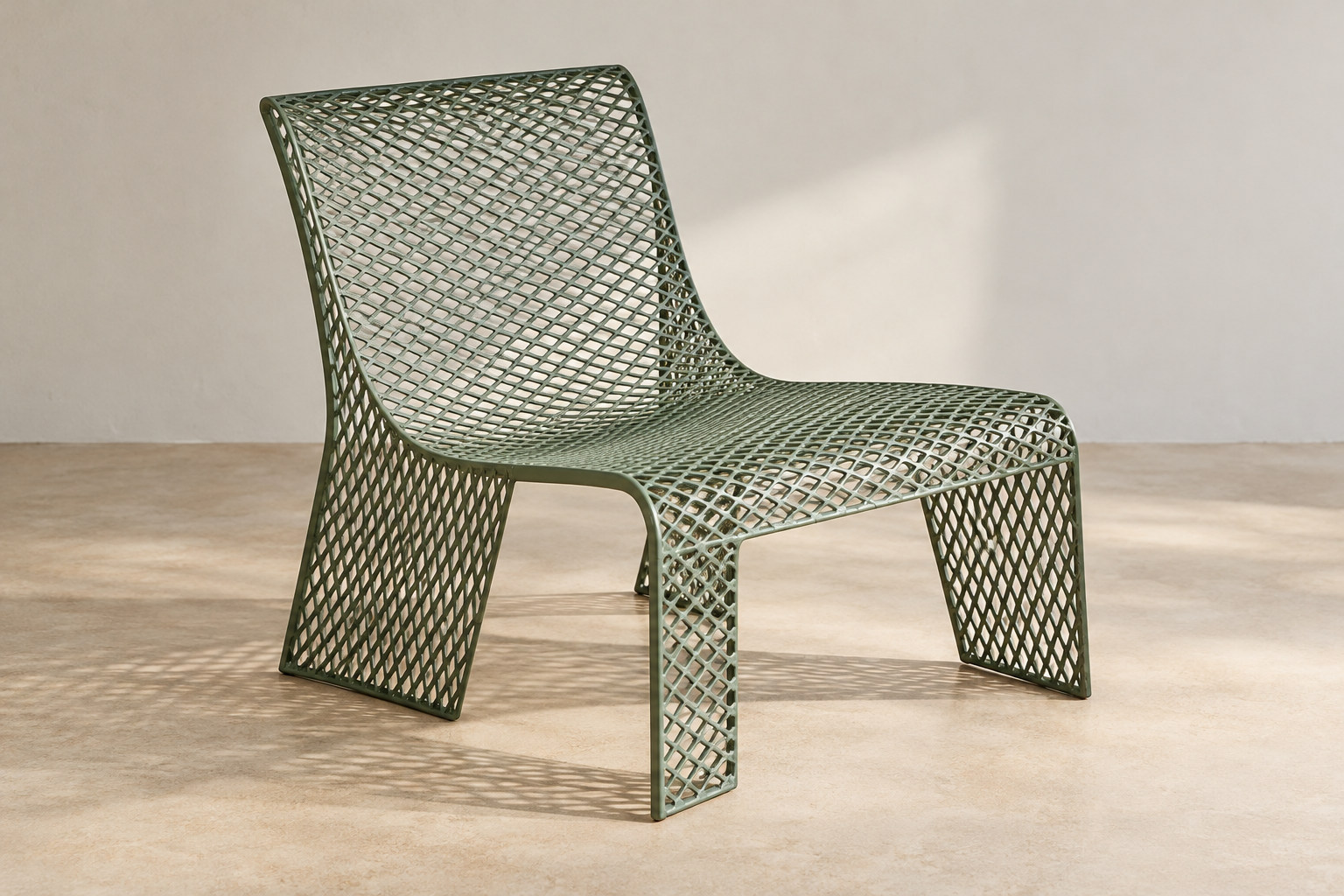 Open diamond-patterned metal-like planes form a chair’s seat, back and supports.
