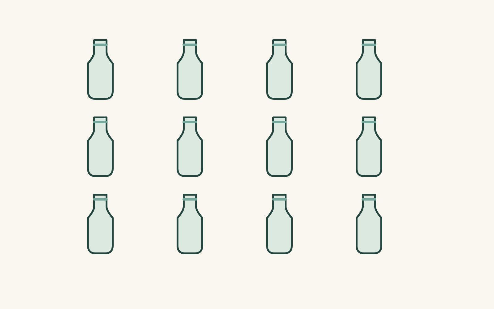 Twelve bottle outlines are arranged in three rows of four with regular gaps.