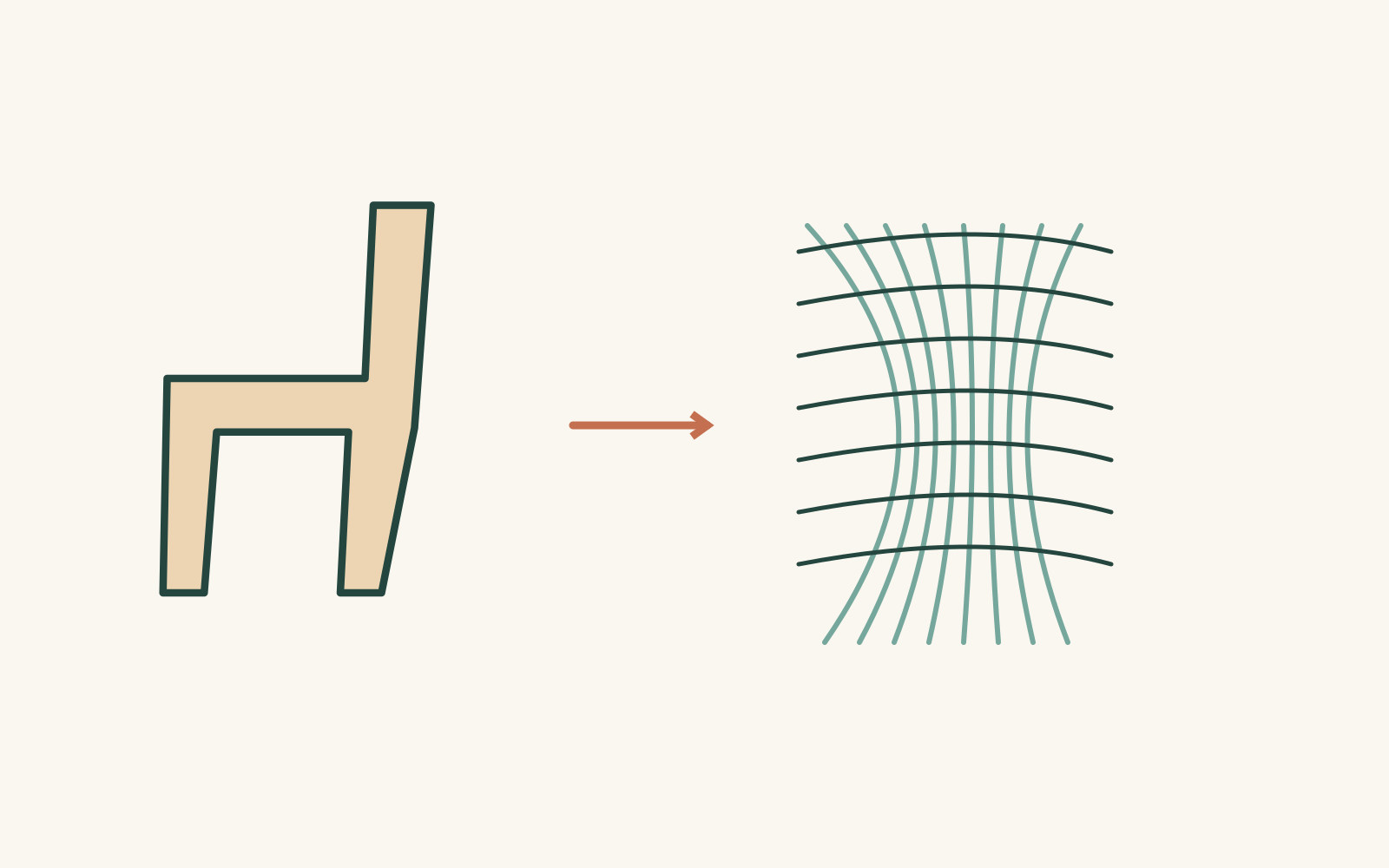 A warm chair-like shape is paired with a curved open network of crossing lines.