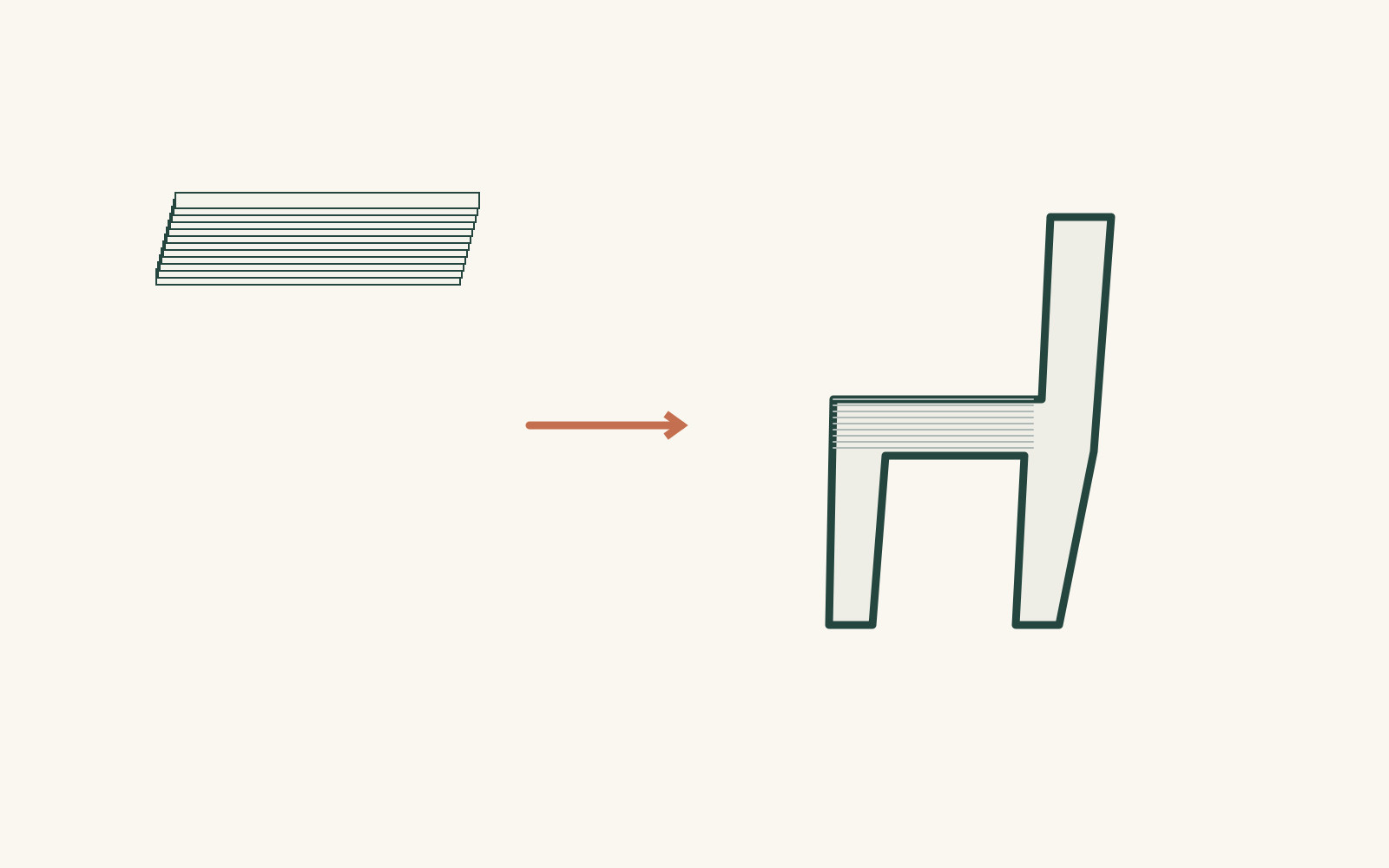A stack of pale sheets is linked to an angular chair form with fine lines along a thick edge.