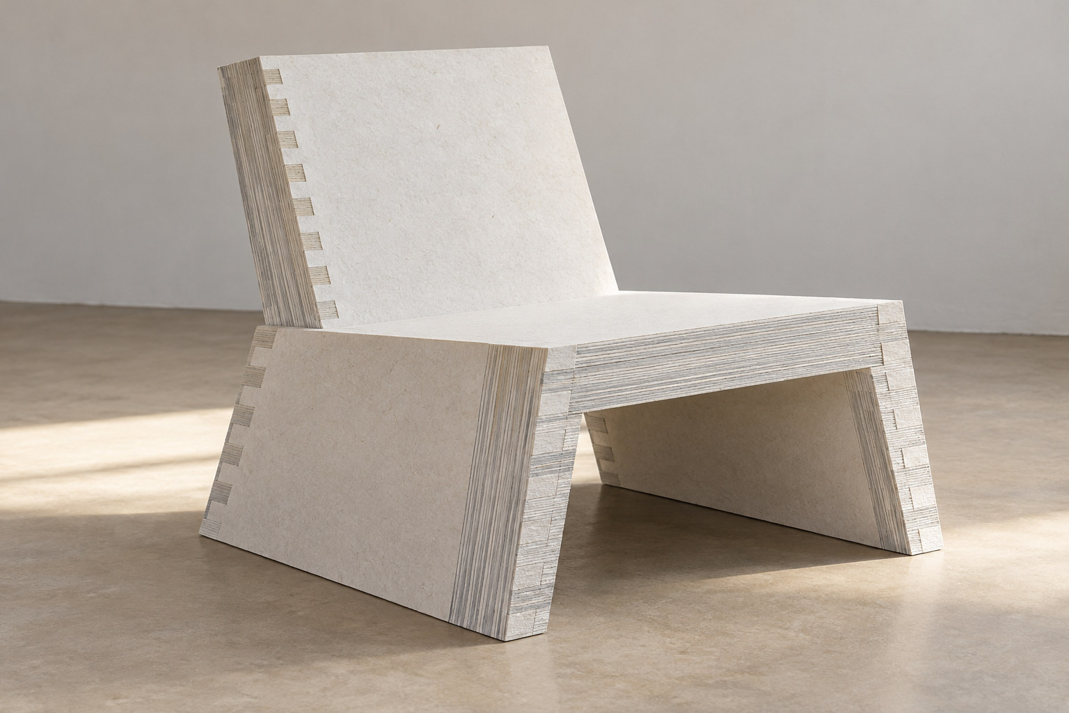 Pale paper-like planes and finely layered exposed edges form an angular chair.
