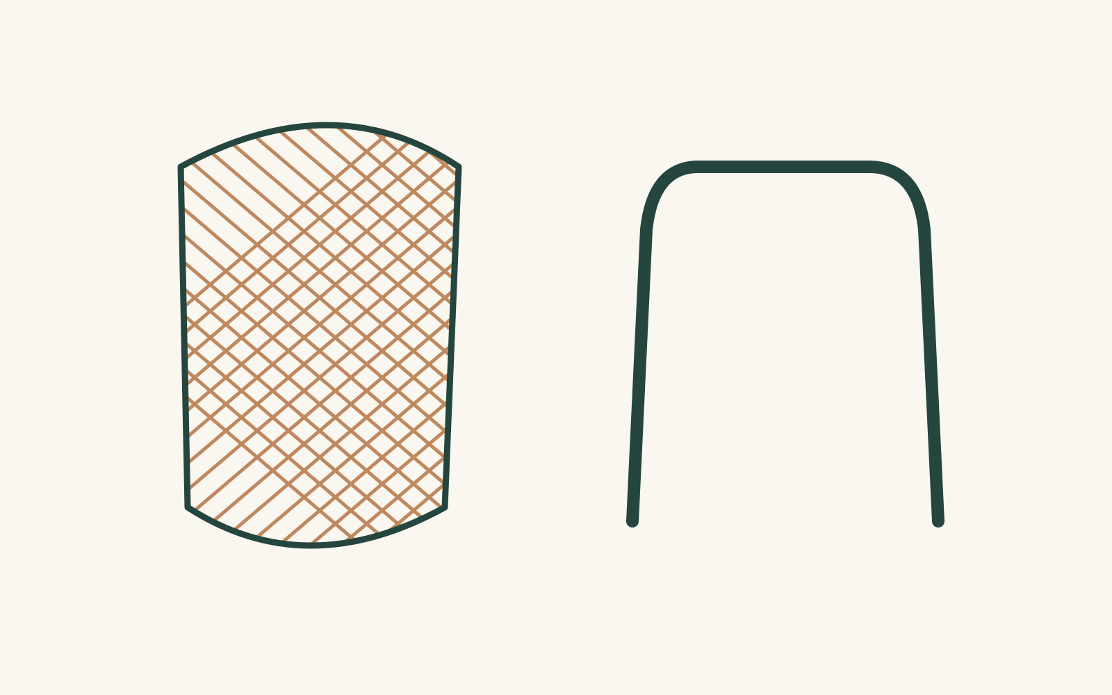 Many fine crossing lines make a broad field beside a much simpler bent outline.