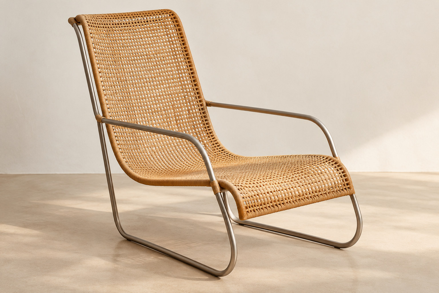 A broad cane-like woven seat and high back sit within a slender curved metal outline.