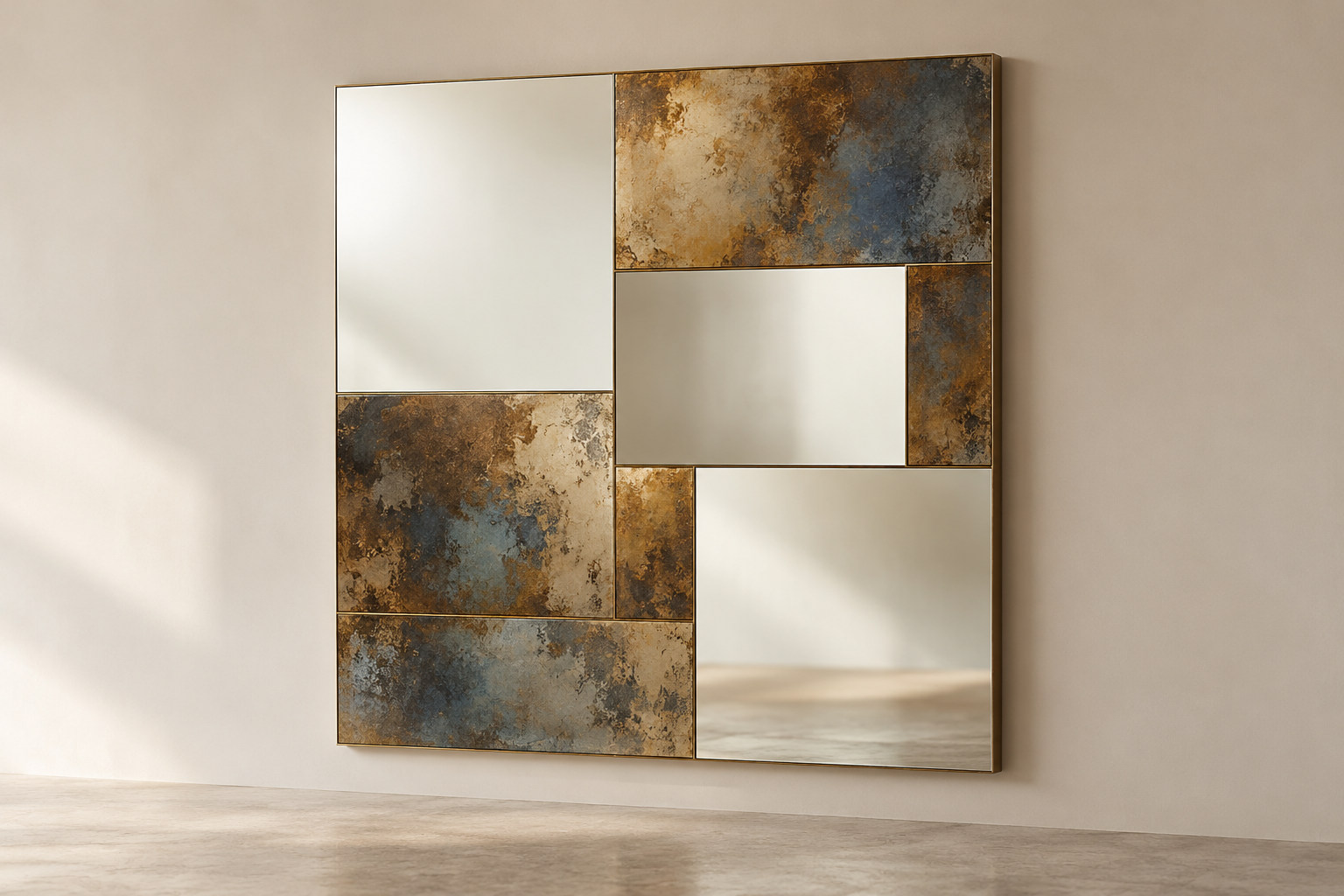 A square wall panel alternates reflective silver-like rectangles with mottled amber and dark fields.