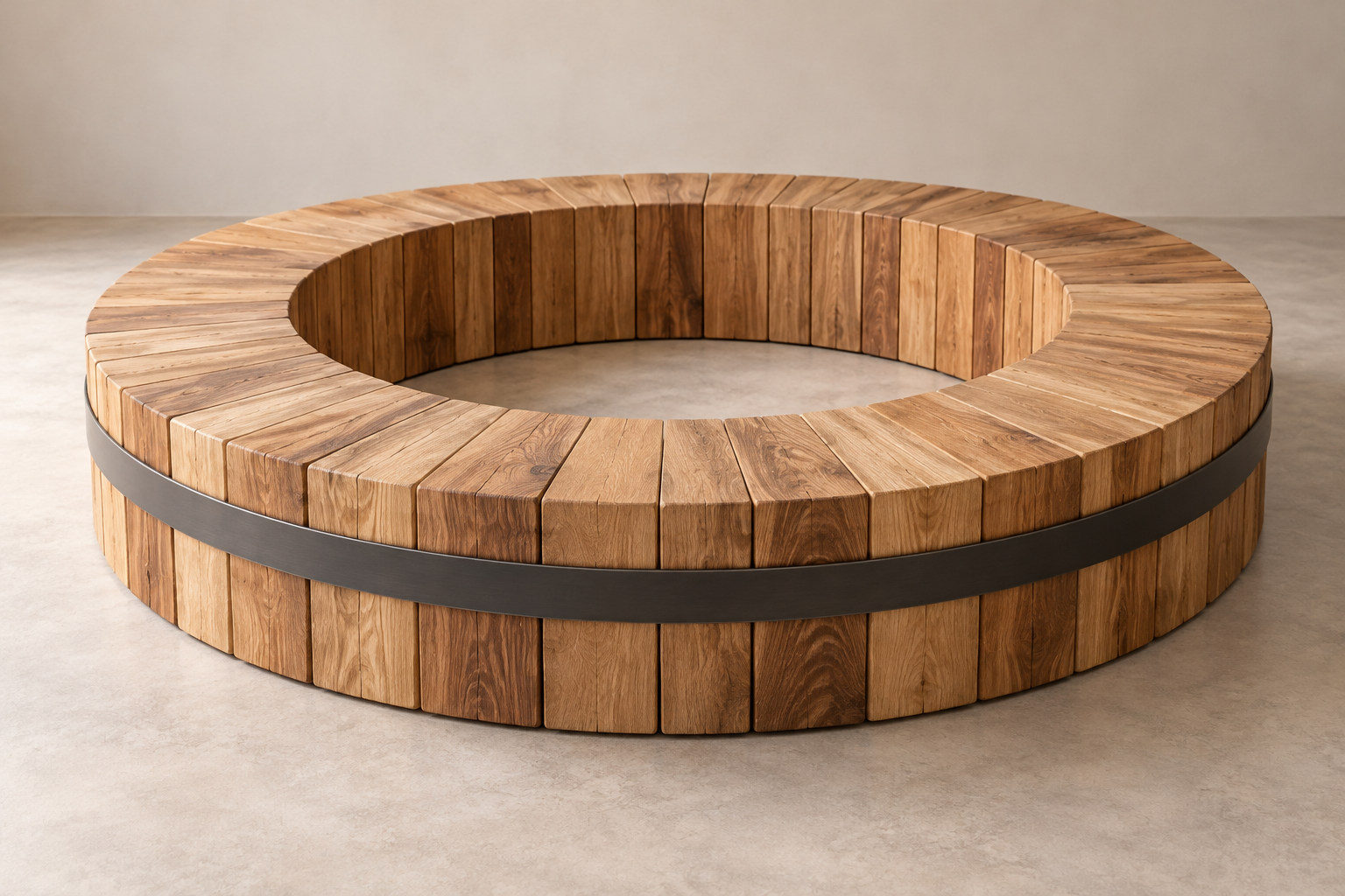 Adjacent timber blocks form a broad circular seat around an empty centre, with a dark outer belt.