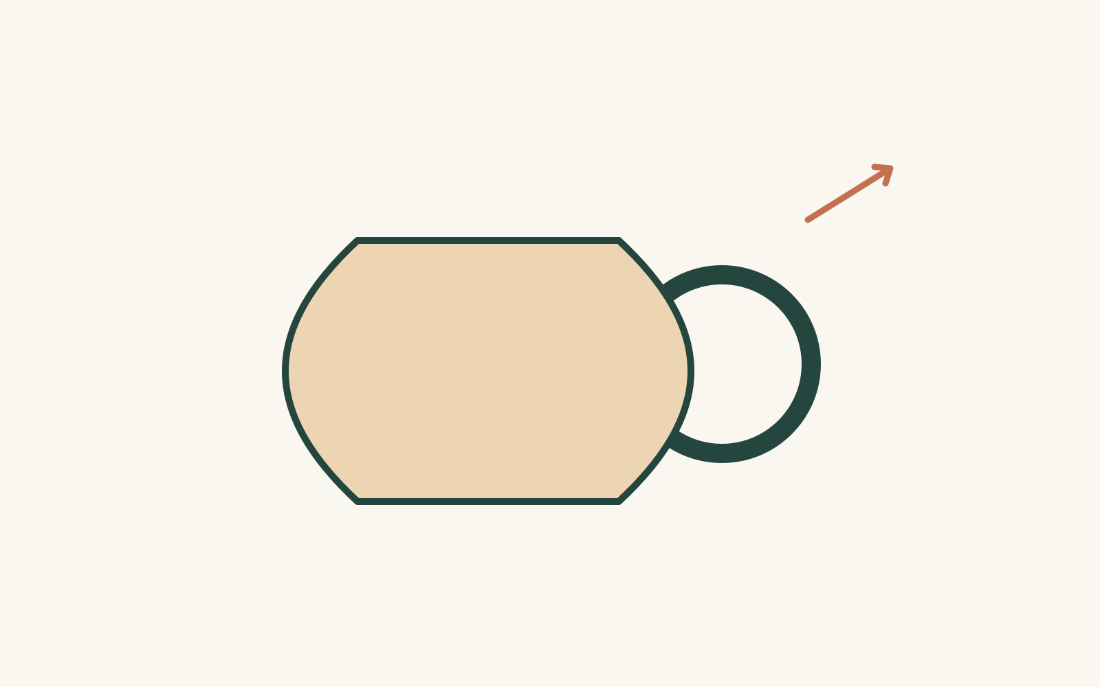 A rounded form has a flattened top and base, with a large loop at one side.