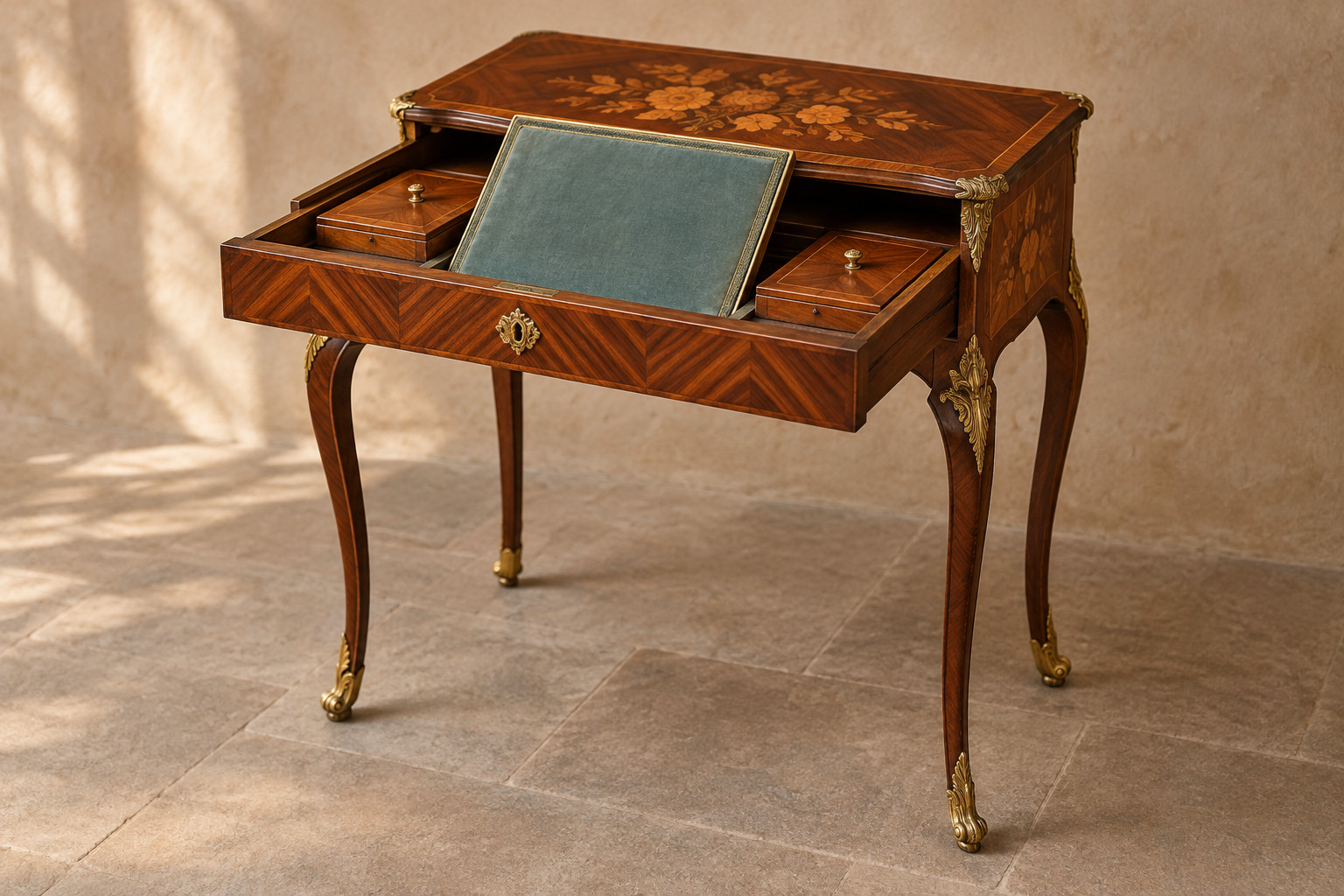A reconstructed small veneered table has four curved legs, a top moved back and an open fitted drawer with a tilted reading panel.