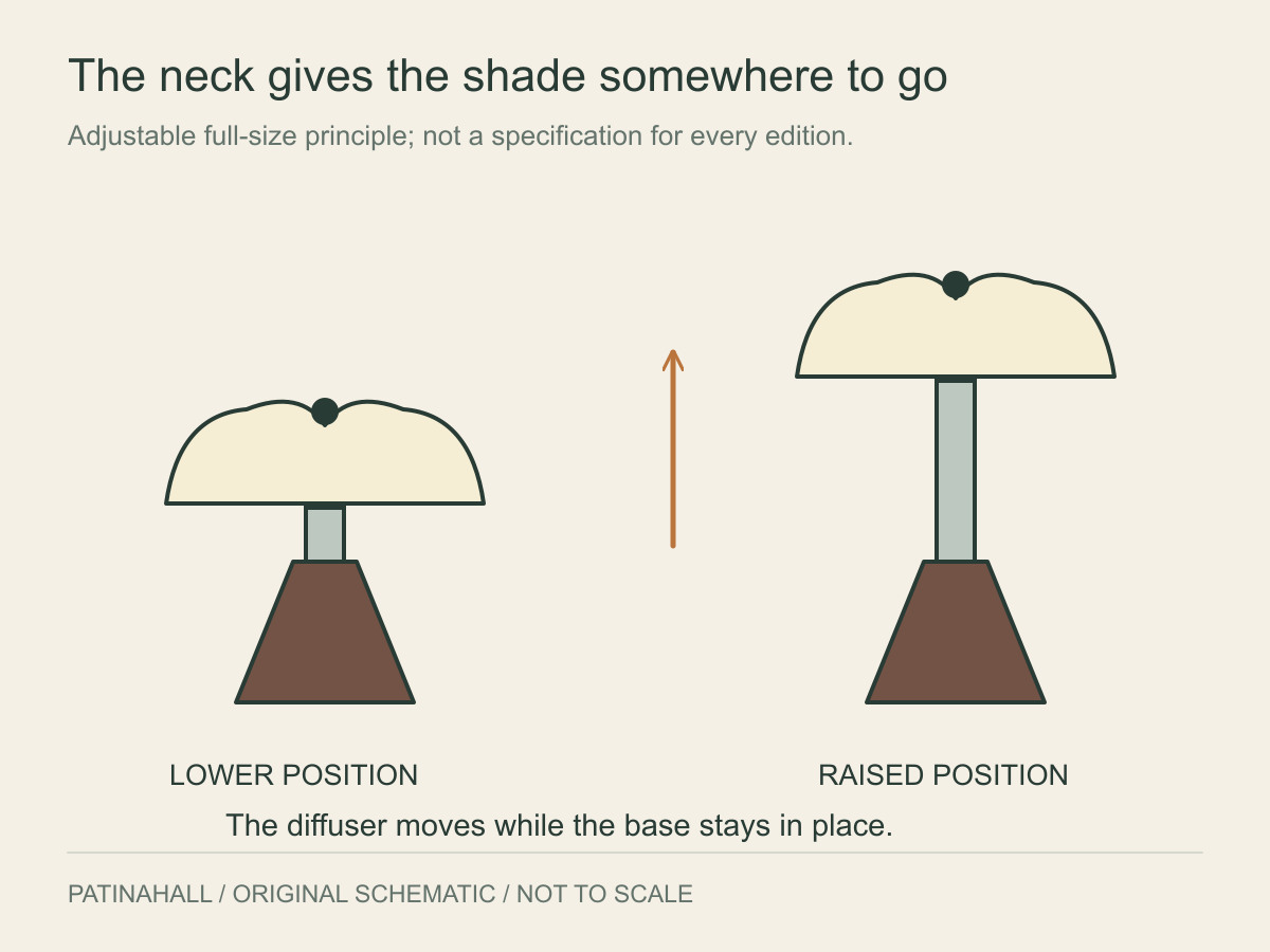 Two lamp symbols keep the same base while the telescopic neck places the shade at different heights.