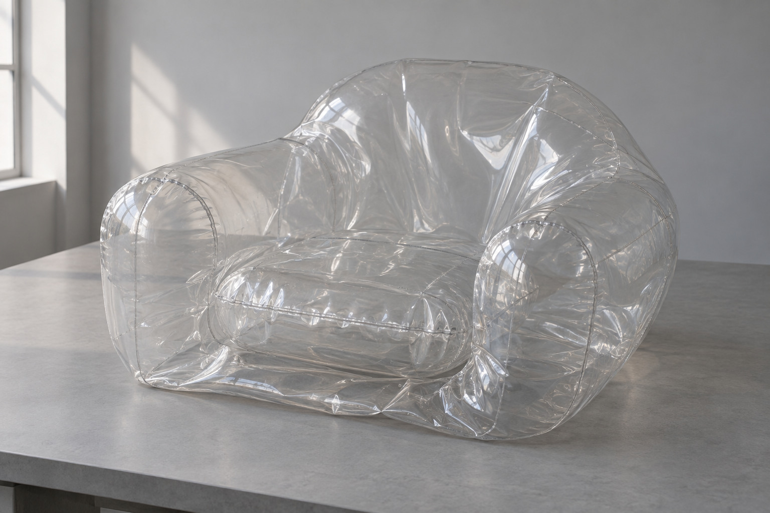 A partly deflated clear vinyl armchair rests on an empty worktable, its rounded envelope sagging while the separate seat remains visible.