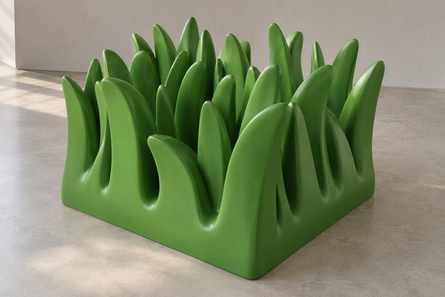 An interpretive human-scale green seating sculpture has thick tapering blades rising from a common low base with a smooth coated surface.
