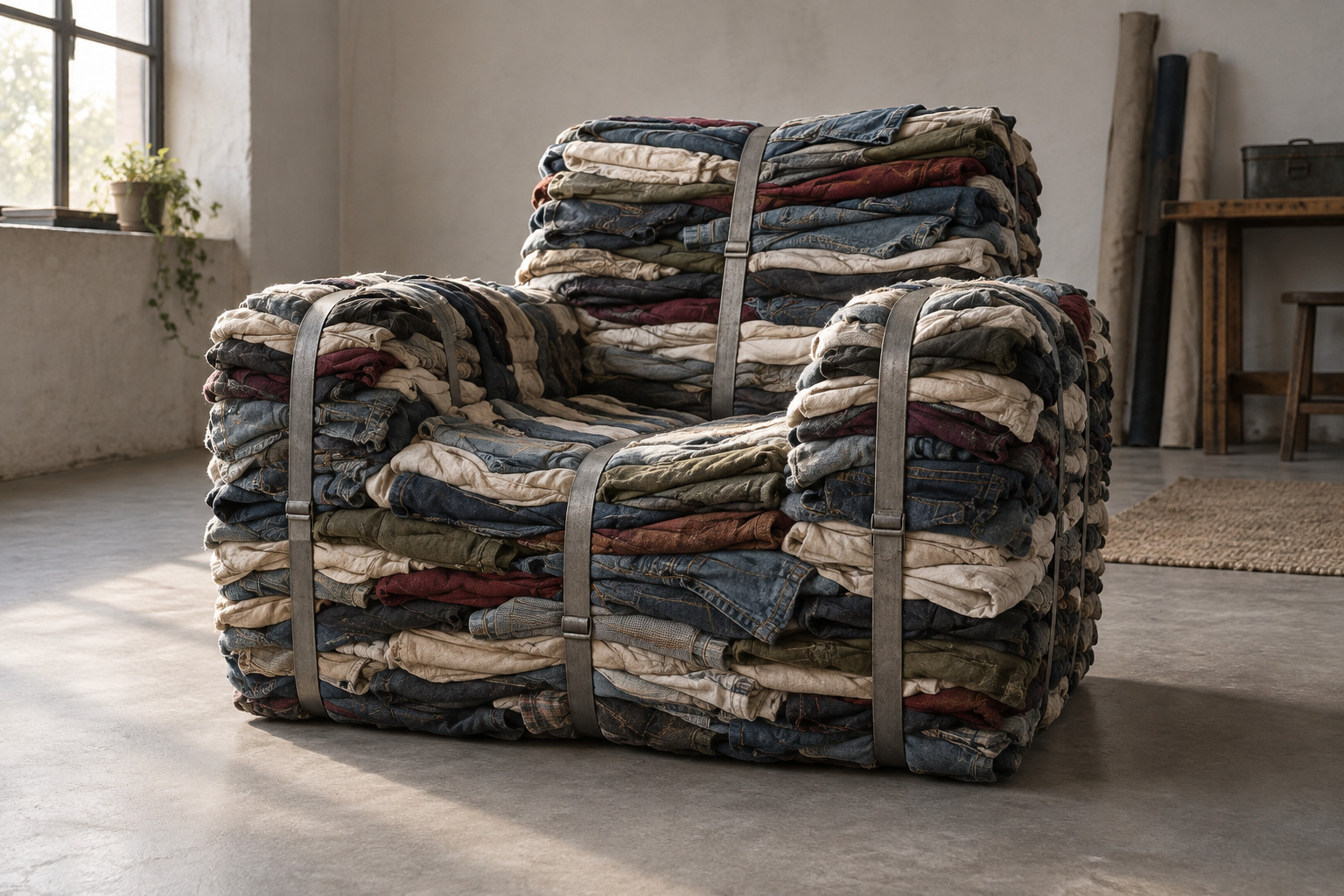 Compressed layers of worn textiles form a low armchair held together by narrow dark packing bands.