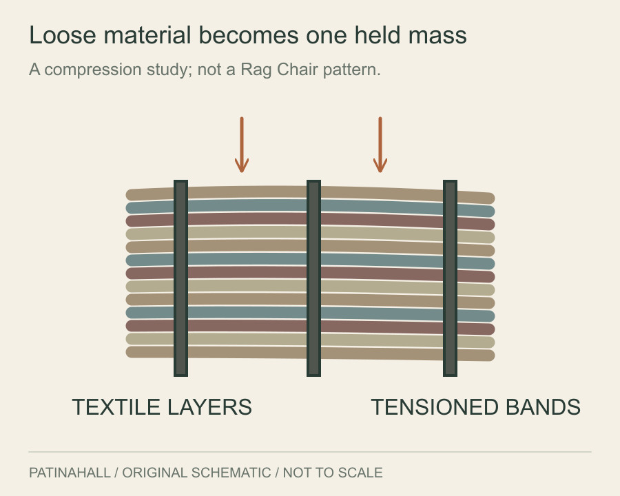 Many textile layers are held within three narrow bands beneath compression arrows.