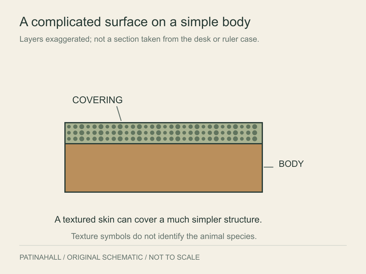 An enlarged granular covering lies above a simple wooden body.