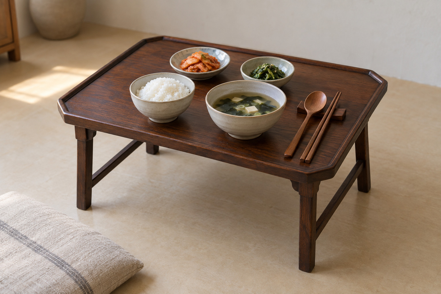 A small low wooden table on four legs carries a simple meal in a quiet domestic room.
