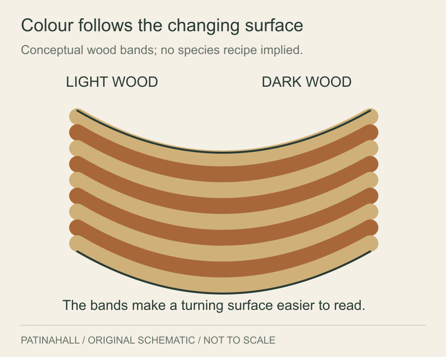 Alternating light and dark wooden bands follow the same curving surface.