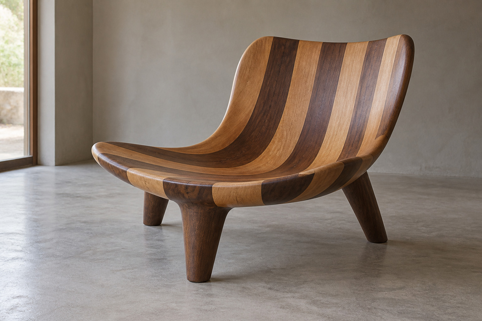 A low wooden chair with exactly three legs has a broad curved seat and back patterned in alternating light and dark wood.