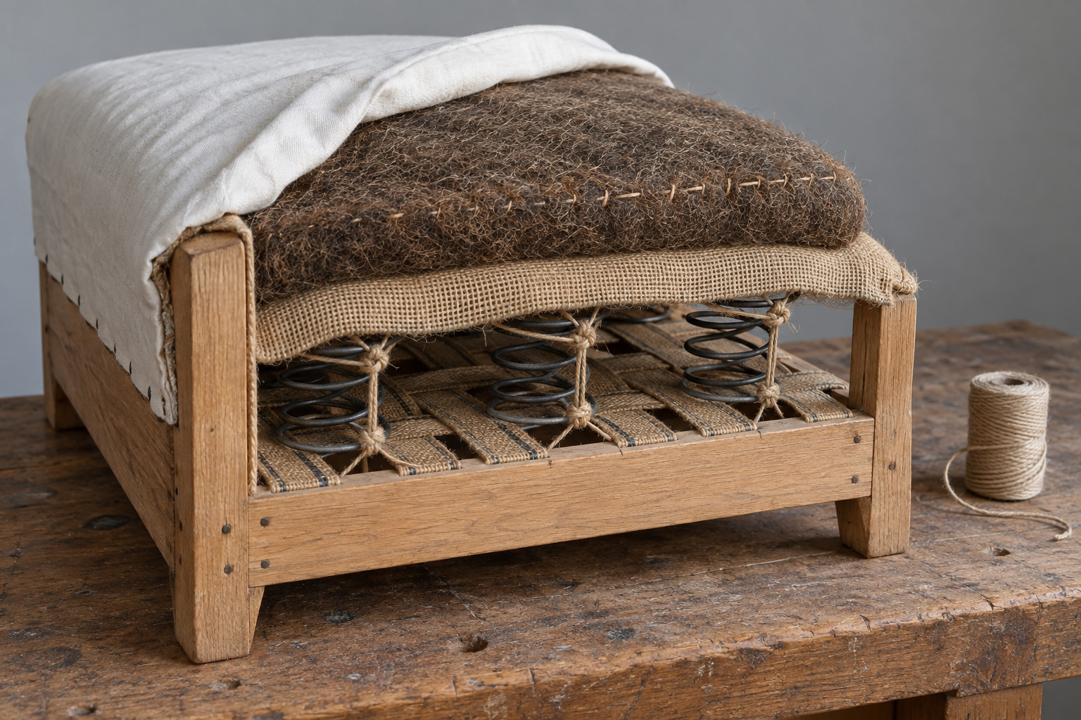 A demonstration seat frame exposes webbing, short springs, coarse cloth and hair padding beneath a partly folded white cover.