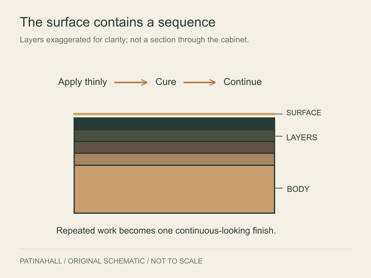 A wooden body supports exaggerated layers and a continuous top line; above, arrows connect applying, curing and continuing the work.
