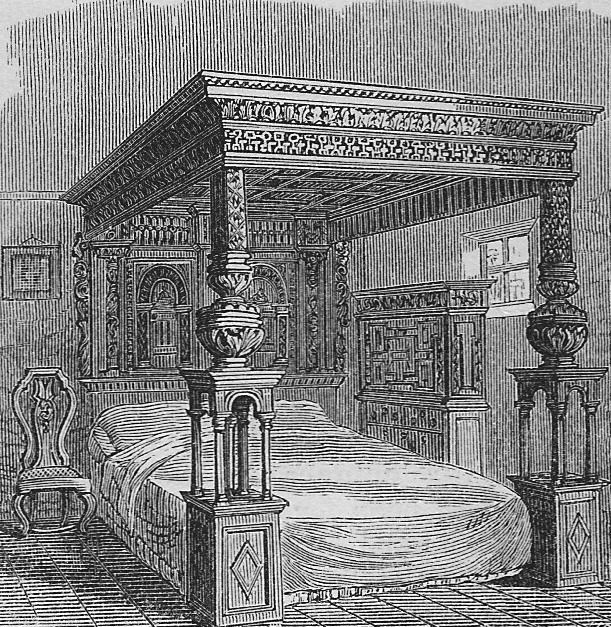 An 1877 engraving shows the Great Bed of Ware with its heavy carved posts and canopy; an adjacent chair makes the bed’s large scale apparent.