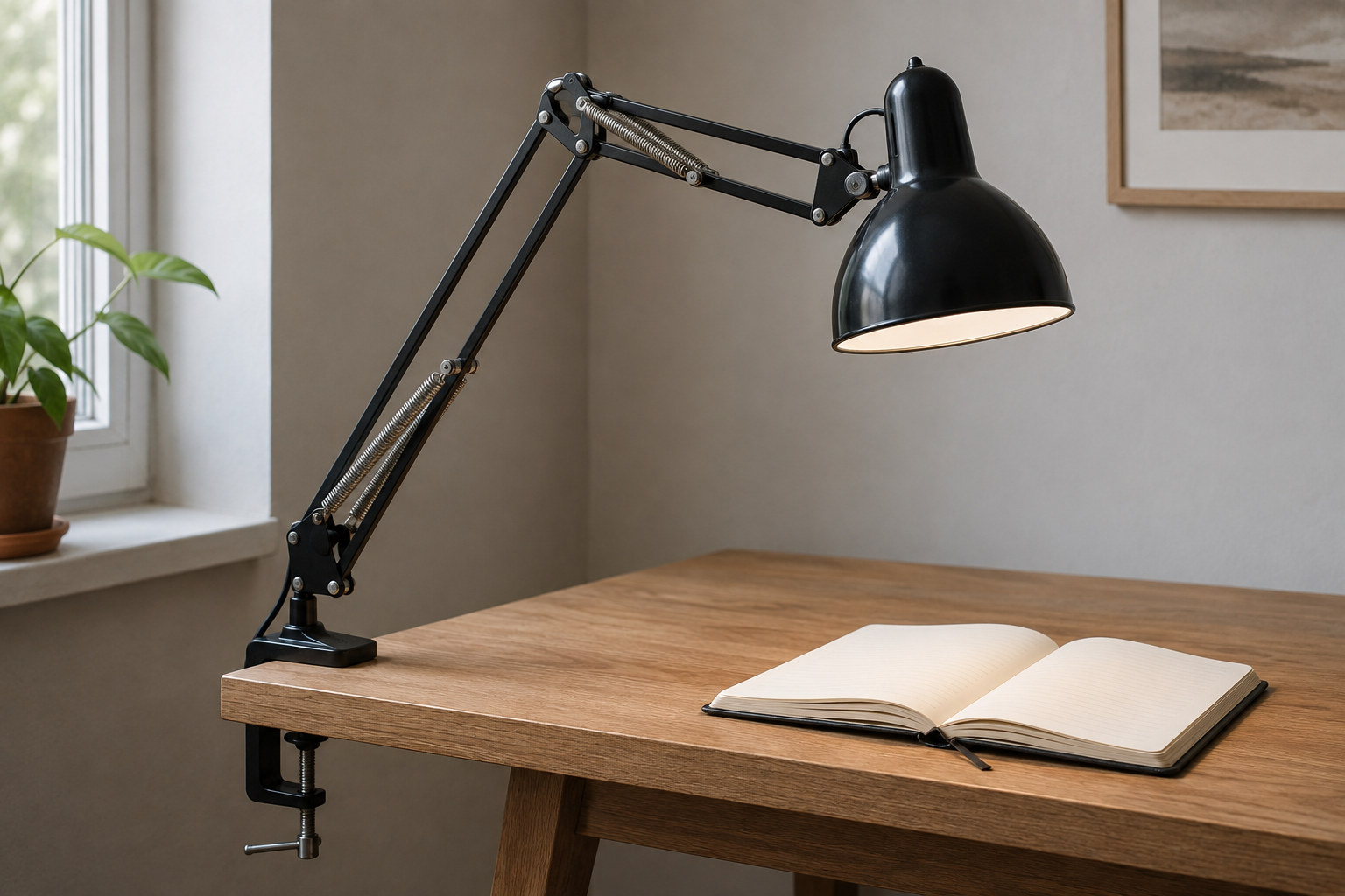 Reconstruction: A black spring-balanced desk lamp with long jointed arms and a visible clamp secured around the edge of a wooden desk.