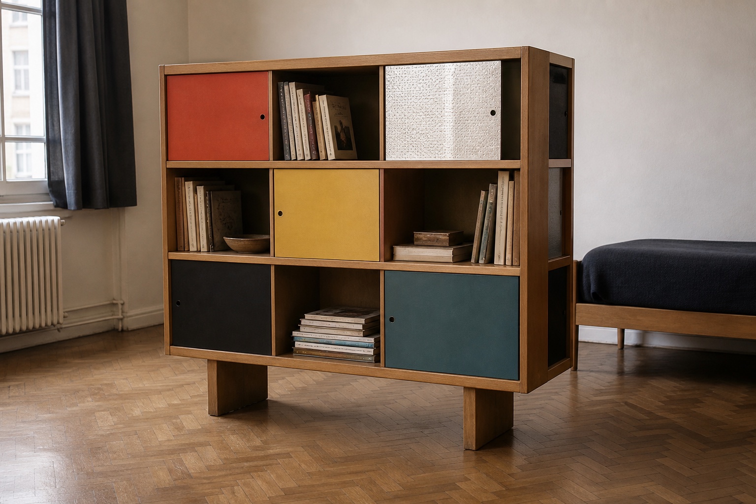 An interpretive broad, shallow grid bookcase with coloured sliding panels in a restrained 1950s-style student room.
