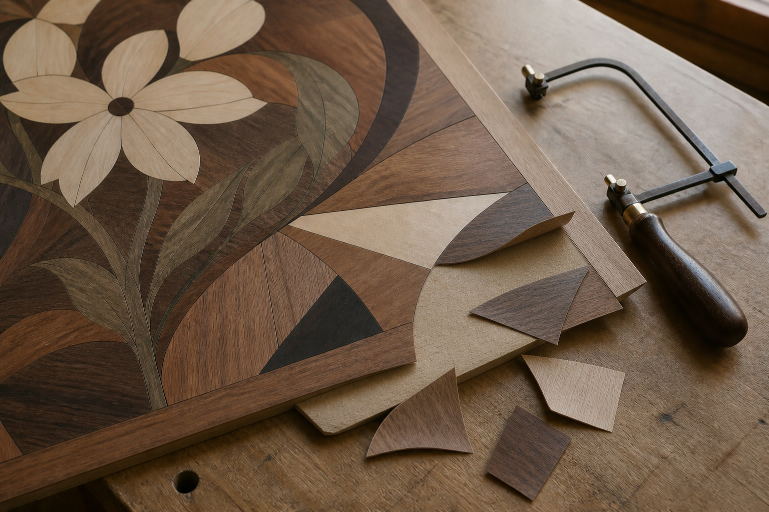 A generic floral and geometric marquetry panel with thin loose veneer pieces, an exposed substrate edge and a fret saw on a workbench.