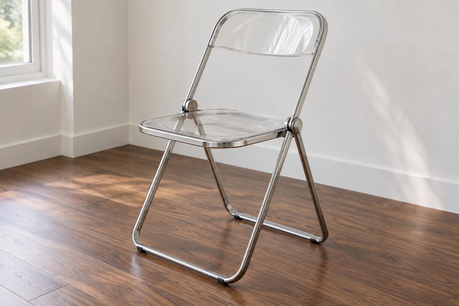 Editorial reconstruction: A folding chair with transparent seat and back panels held in a slender polished metal frame in a restrained room.