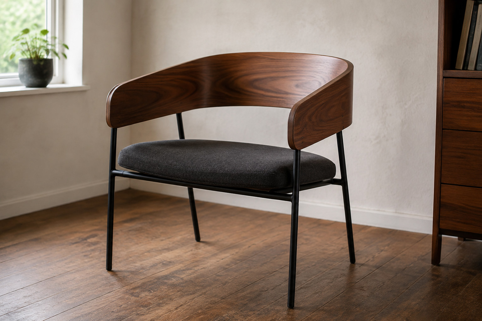 Reconstruction: A walnut-coloured plywood band curving from a chair’s back into its arms above a separate grey seat and thin black steel legs.