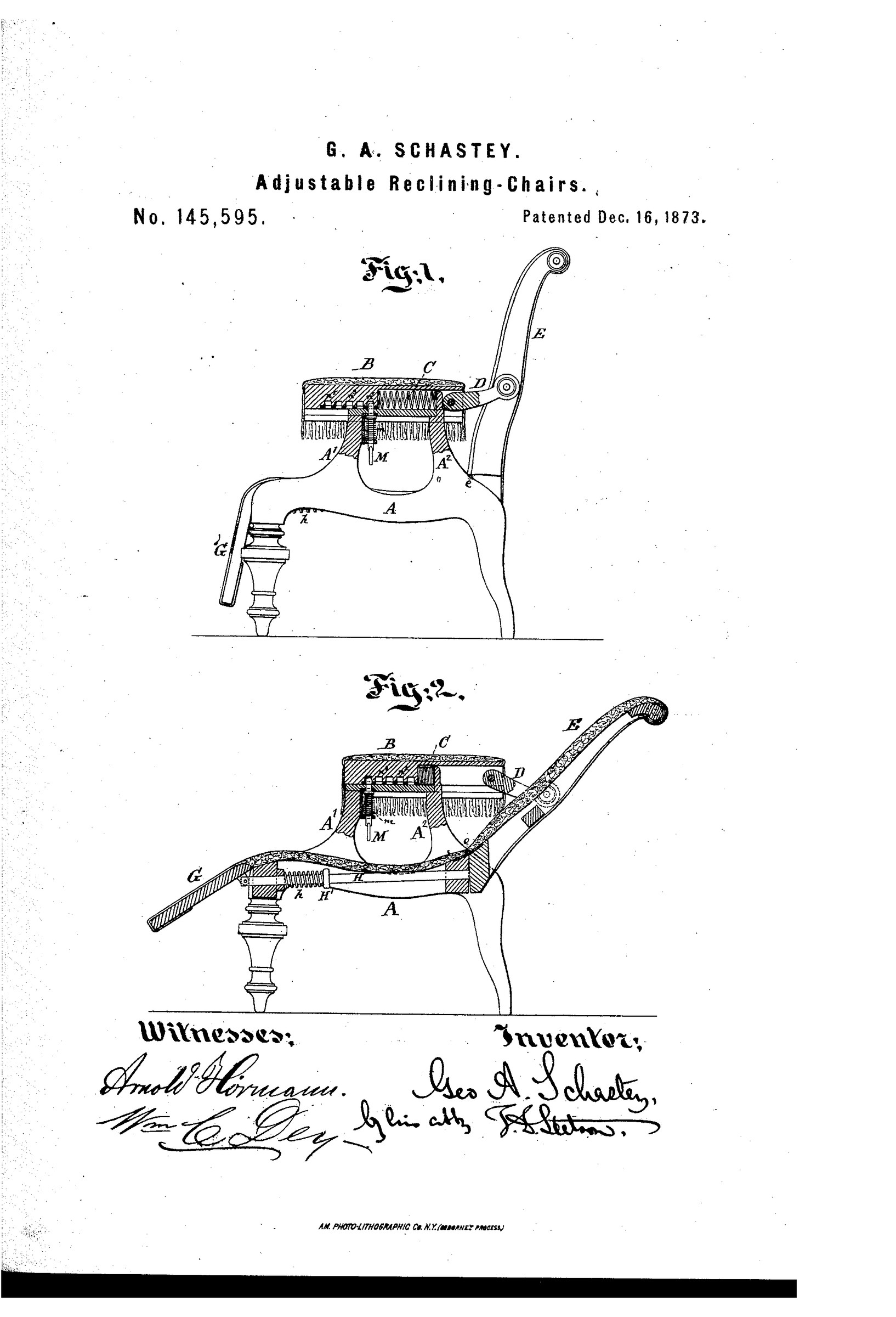 Drawing sheet for US Patent 145,595 with labelled side sections of Schastey's chair in upright and reclined positions.