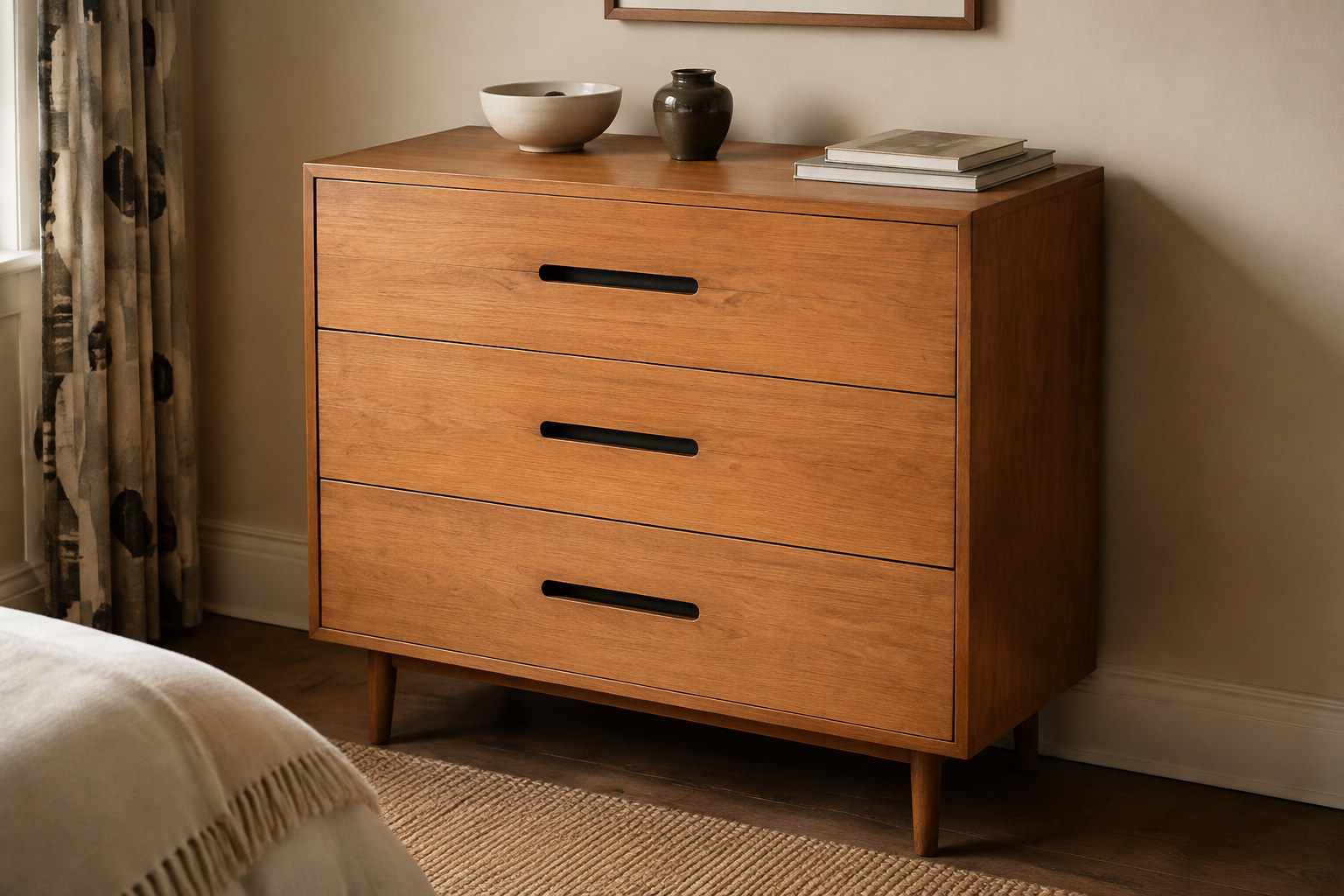 Reconstruction: A light-brown three-drawer chest with recessed horizontal handgrips, flat fronts and short tapered wooden legs.
