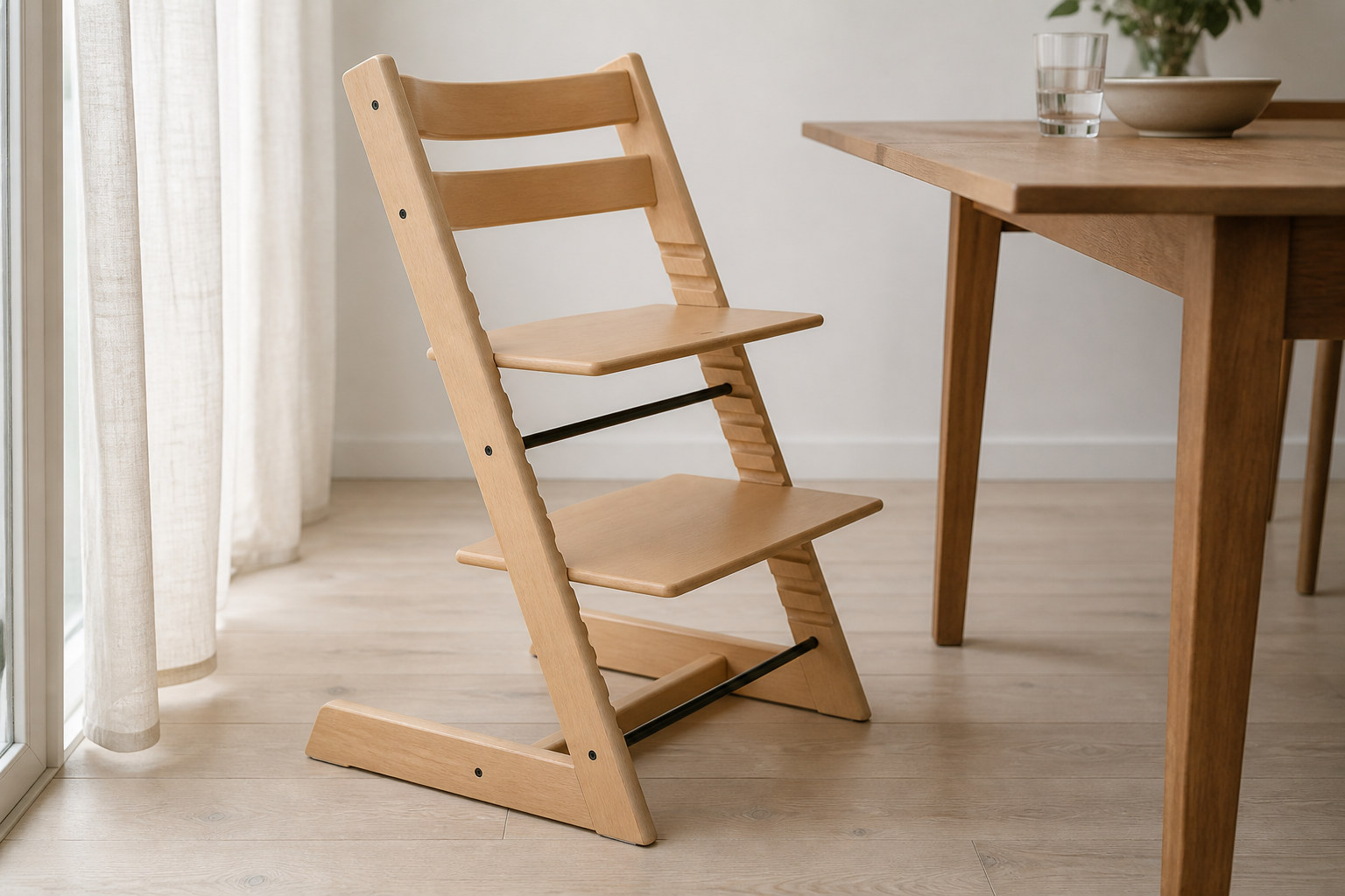 Reconstruction: An empty wooden chair with two back slats, grooved angled side supports, an upper seat and a lower foot platform.