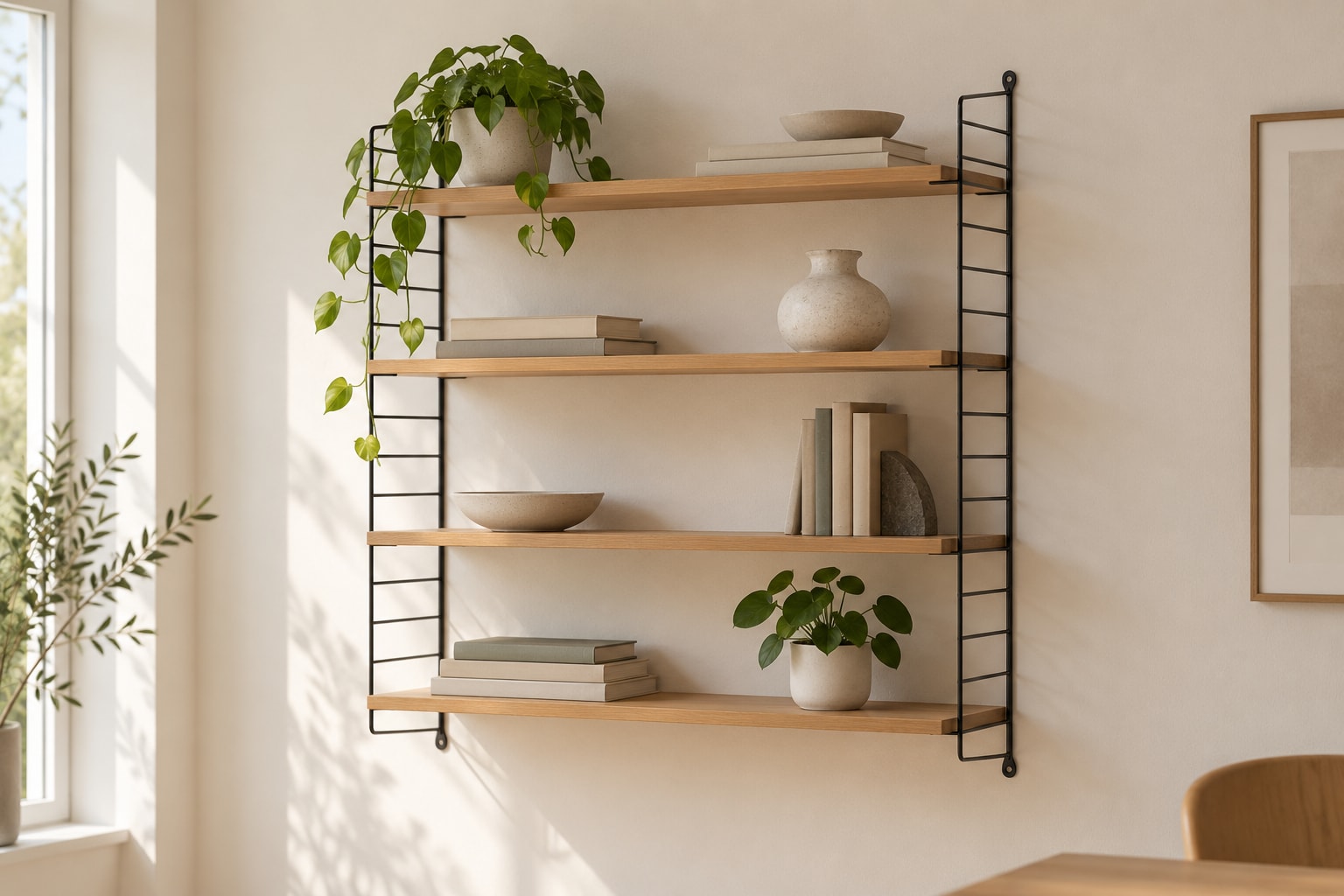 Editorial reconstruction: A wall-mounted shelving bay with two slim ladder-like wire sides and four wooden shelves on a pale wall.