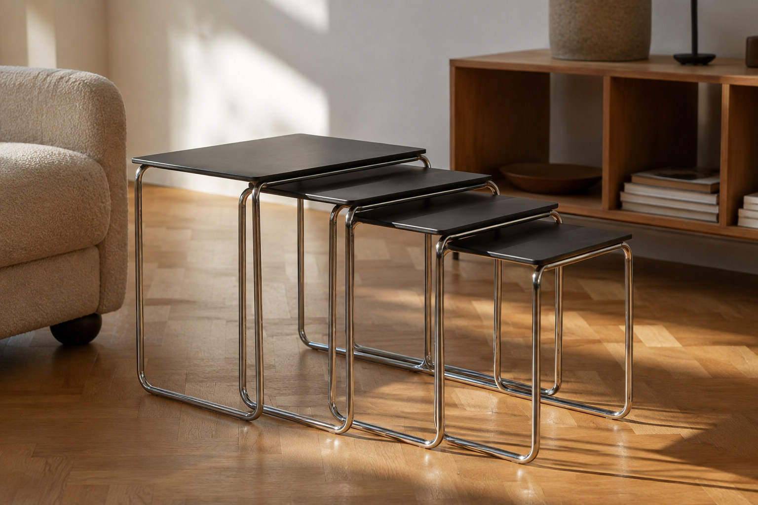 Reconstruction: Four graduated black-topped tables with slender chrome tube frames, partly separated beside an armchair.