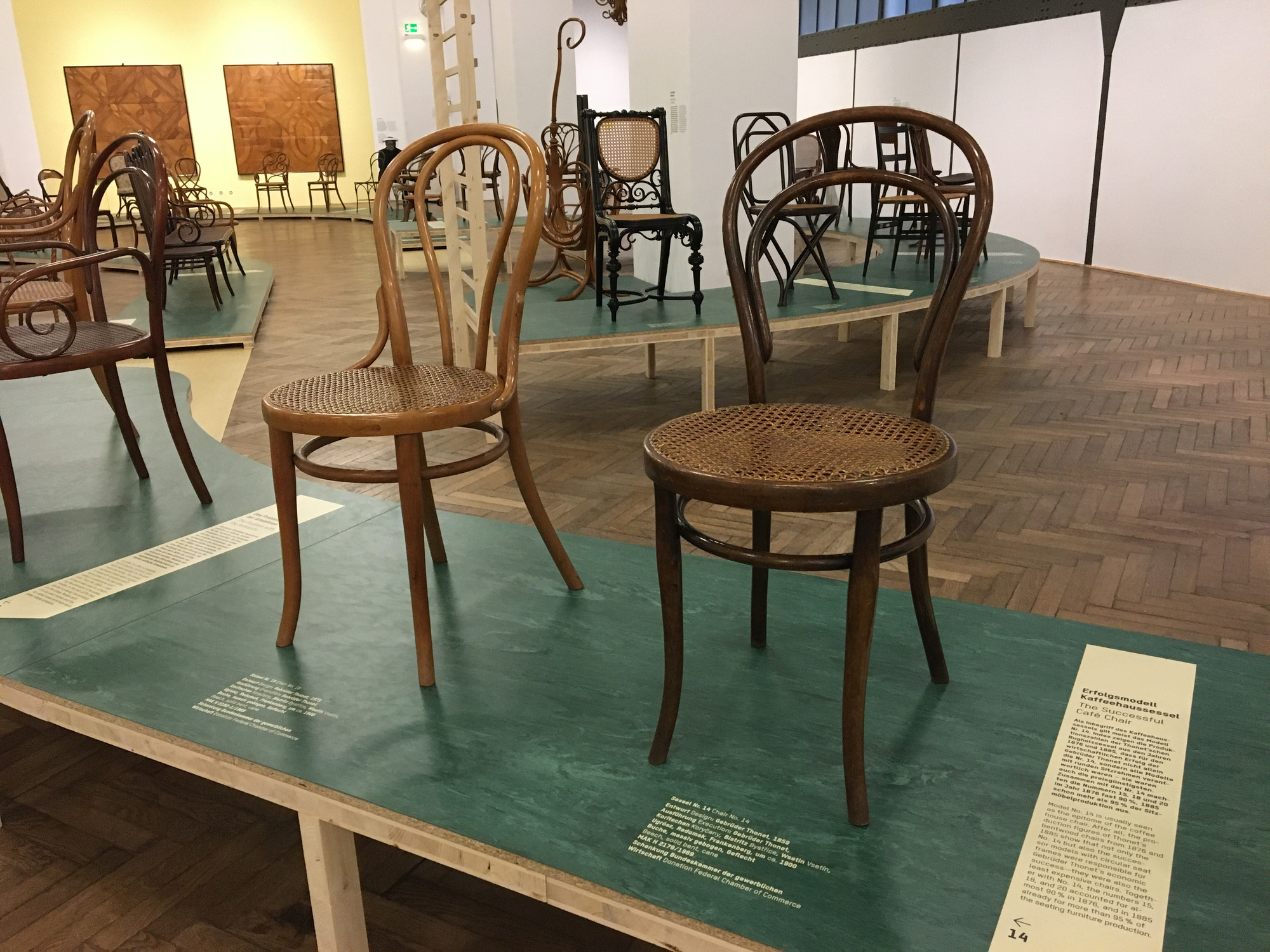 Several bentwood chairs displayed together at MAK in 2020, including Chair No. 14 beside later variations and successors.