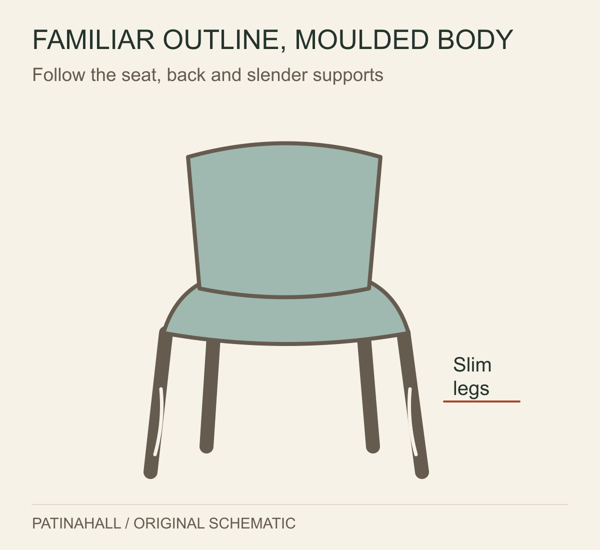 A four-legged chair schematic has a gently curved back and seat flowing towards slim supporting legs.
