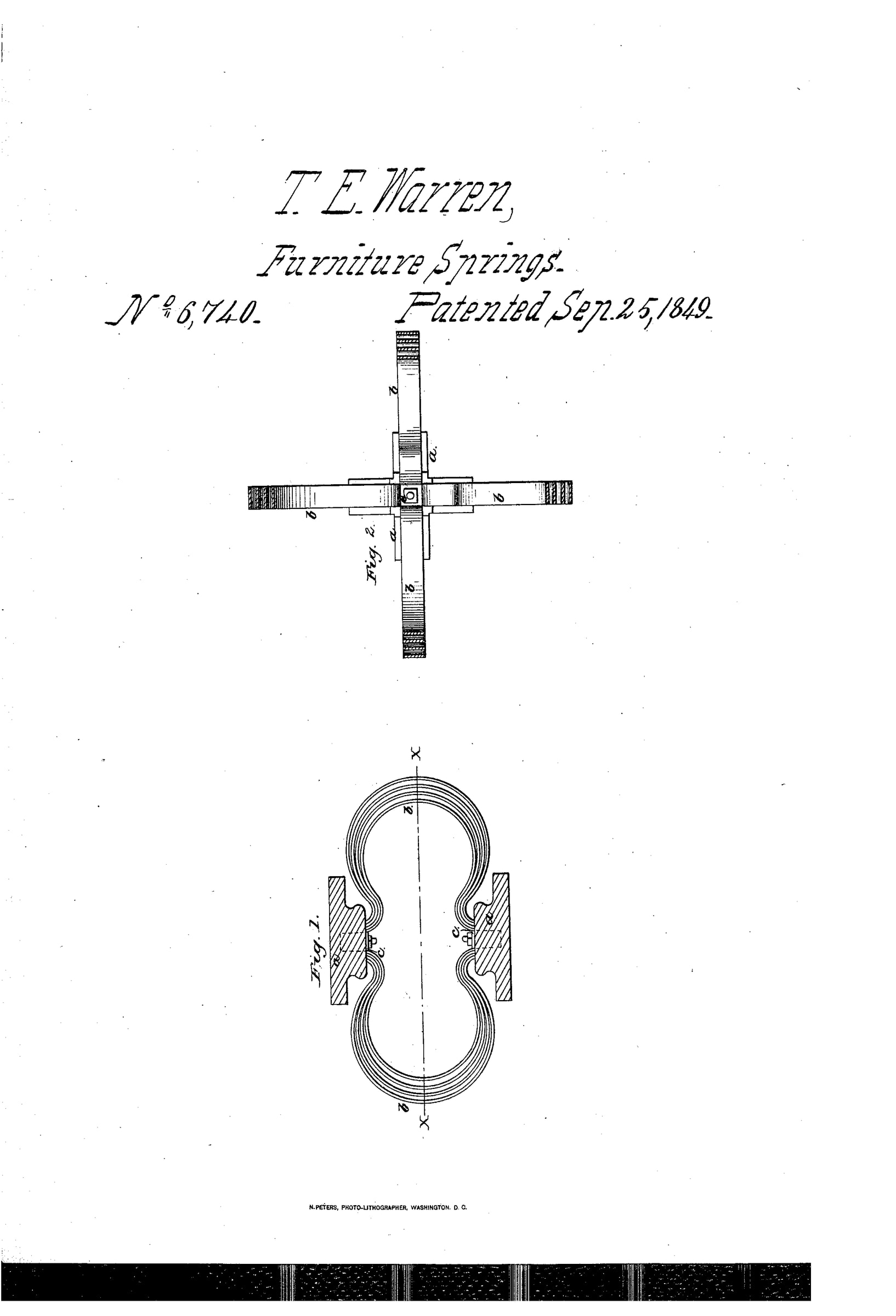 Drawing sheet for US Patent 6,740 showing four spring groups meeting at right angles and a section through two opposing bundles of curved metal leaves.