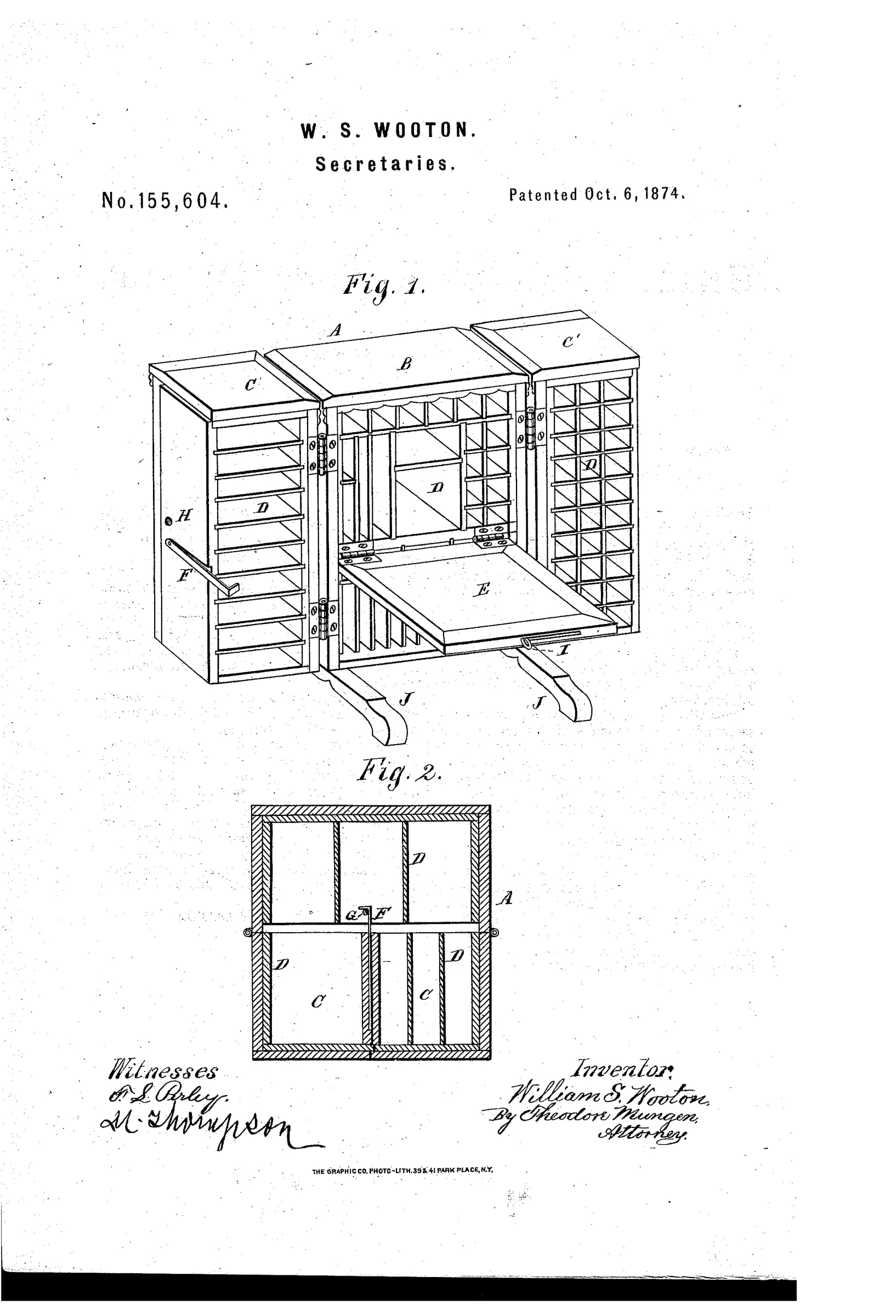 US Patent 155,604 drawing sheet shows a tall office secretary closed, its paired doors opened, and construction details for the hinged compartments and desk leaf.