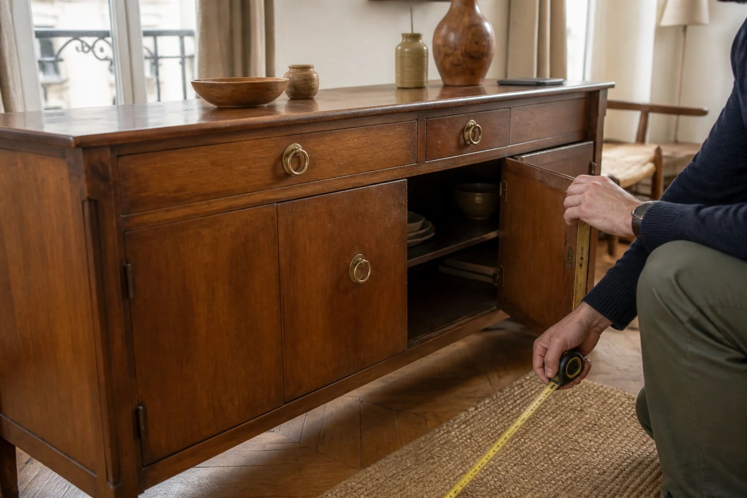 A person opens a vintage wooden sideboard while checking it with a tape measure