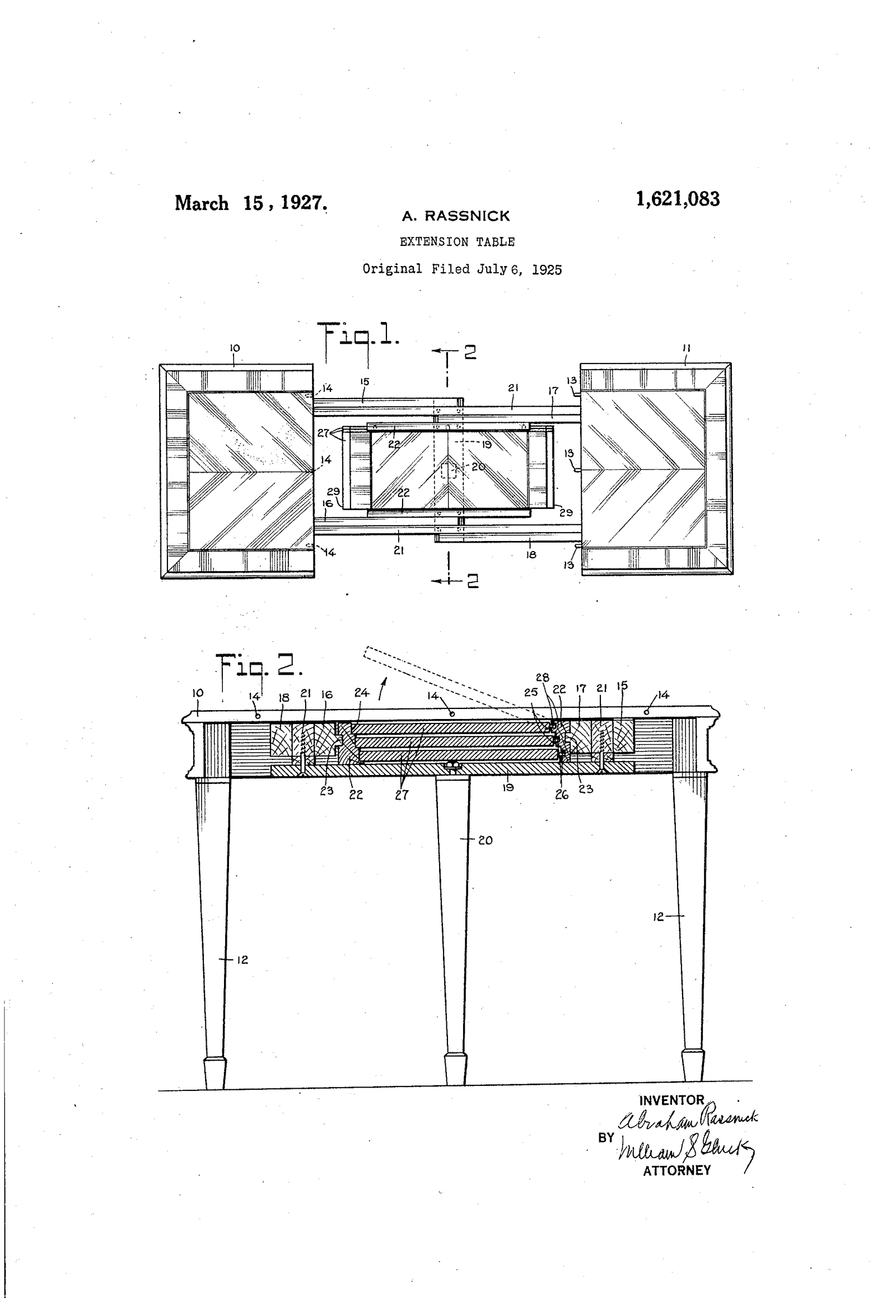 A 1927 patent sheet shows a specific extension table from above and in section, with sliding top sections, stored folding leaves, rails and a leaf movement path.