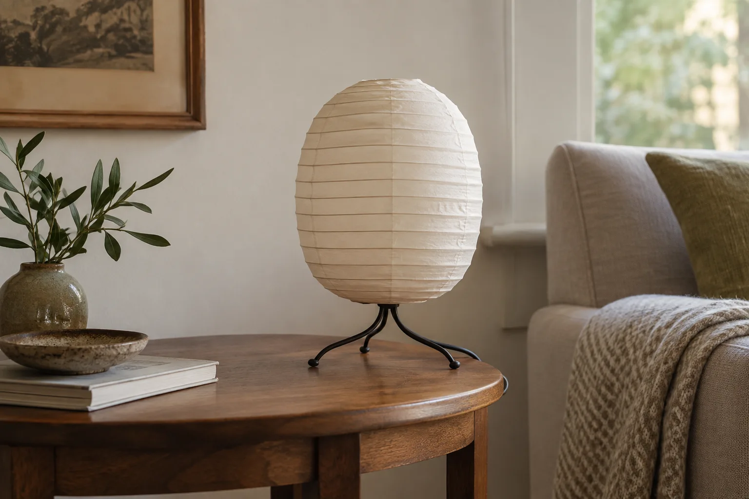 An oval ribbed paper table light on a dark metal stand beside a sofa.