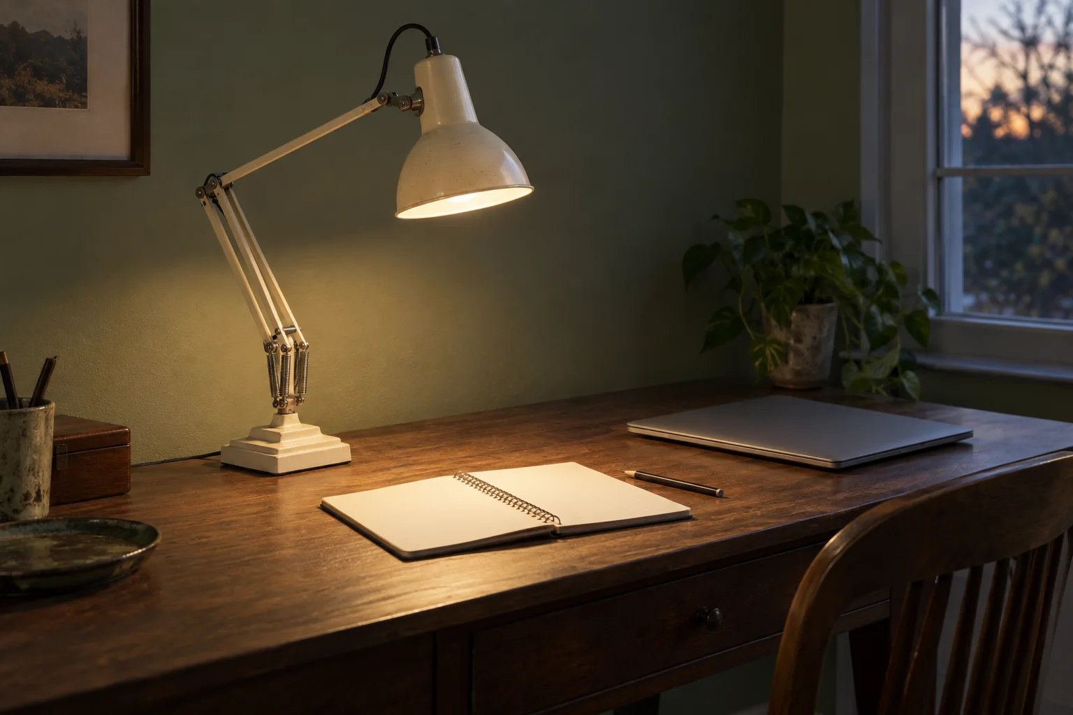 Cream articulated desk lamp with a stepped base directing light onto an open notebook on a wooden desk