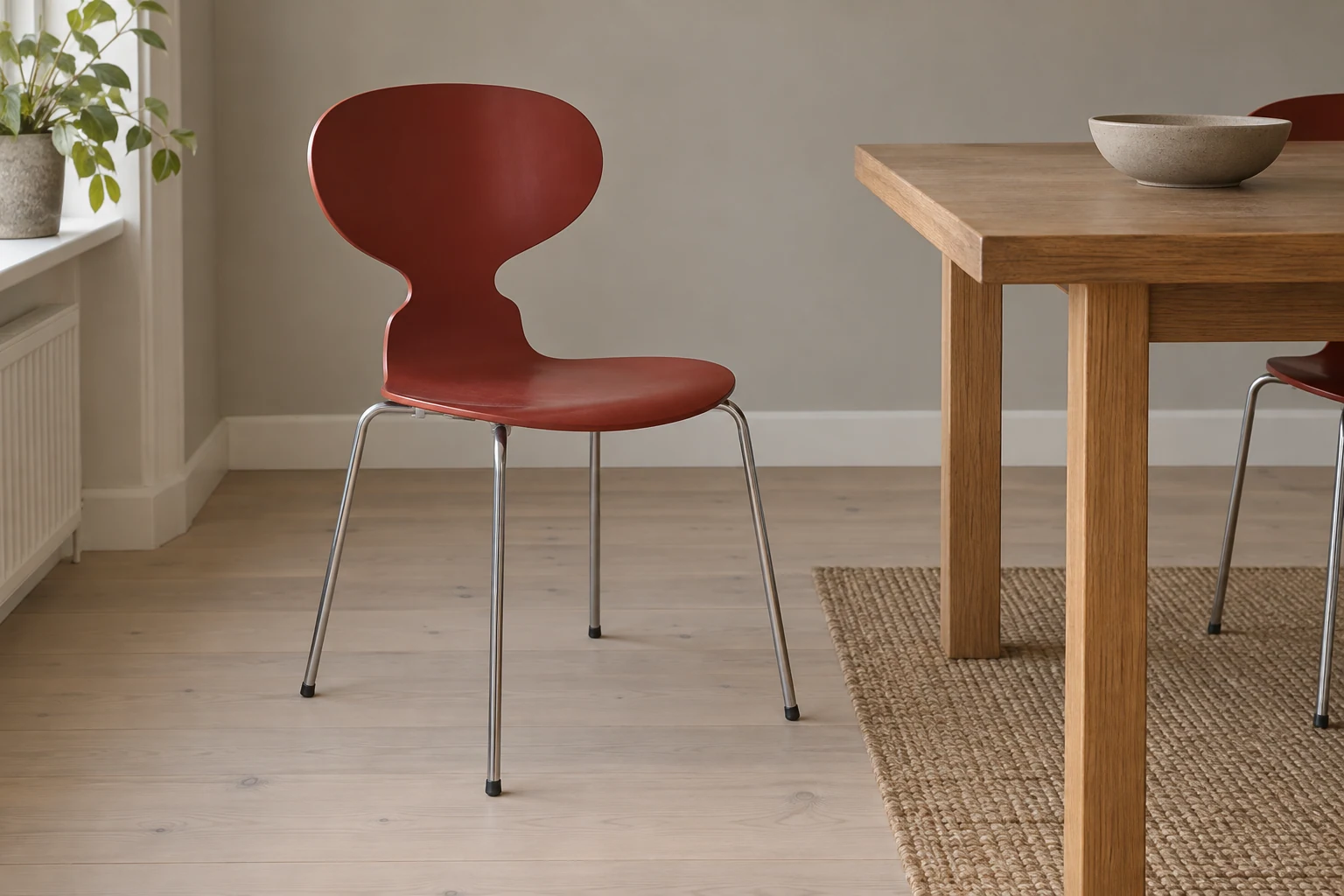 A muted red narrow-waisted chair with four metal legs stands alongside a wooden dining table.