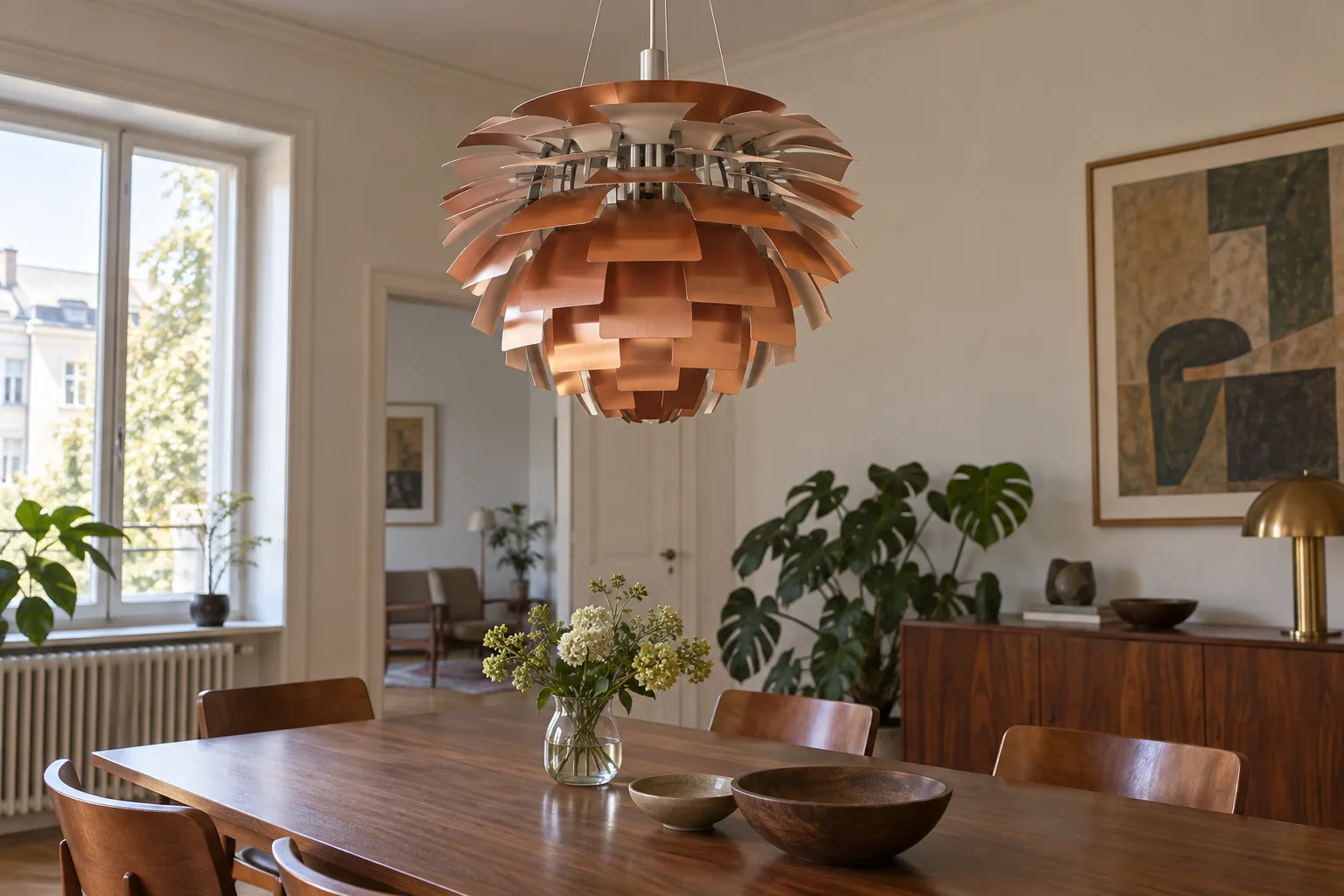 A broad layered copper-coloured pendant hangs above a wooden dining table.