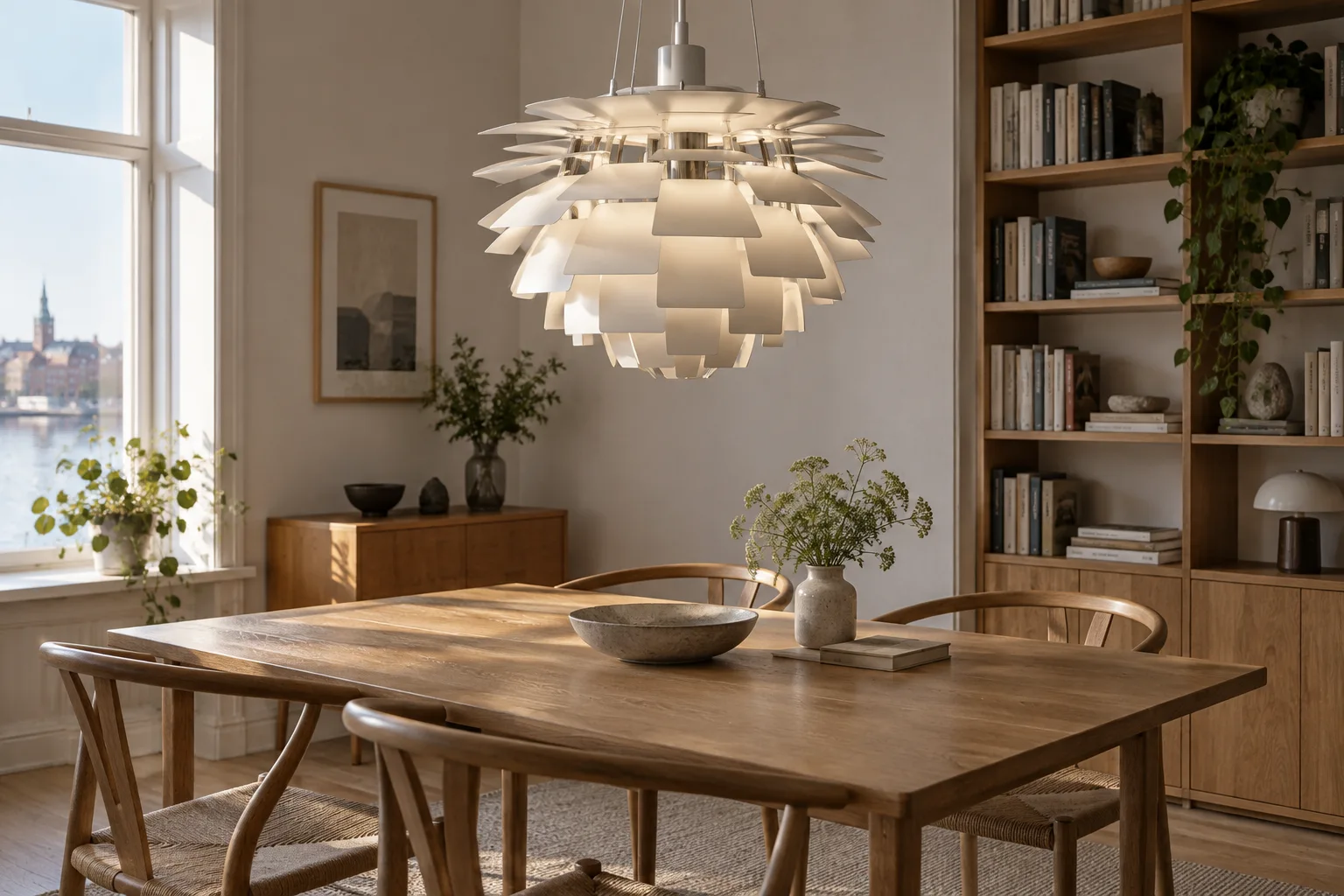 A layered pale metal pendant seen from a seated position at the dining table.