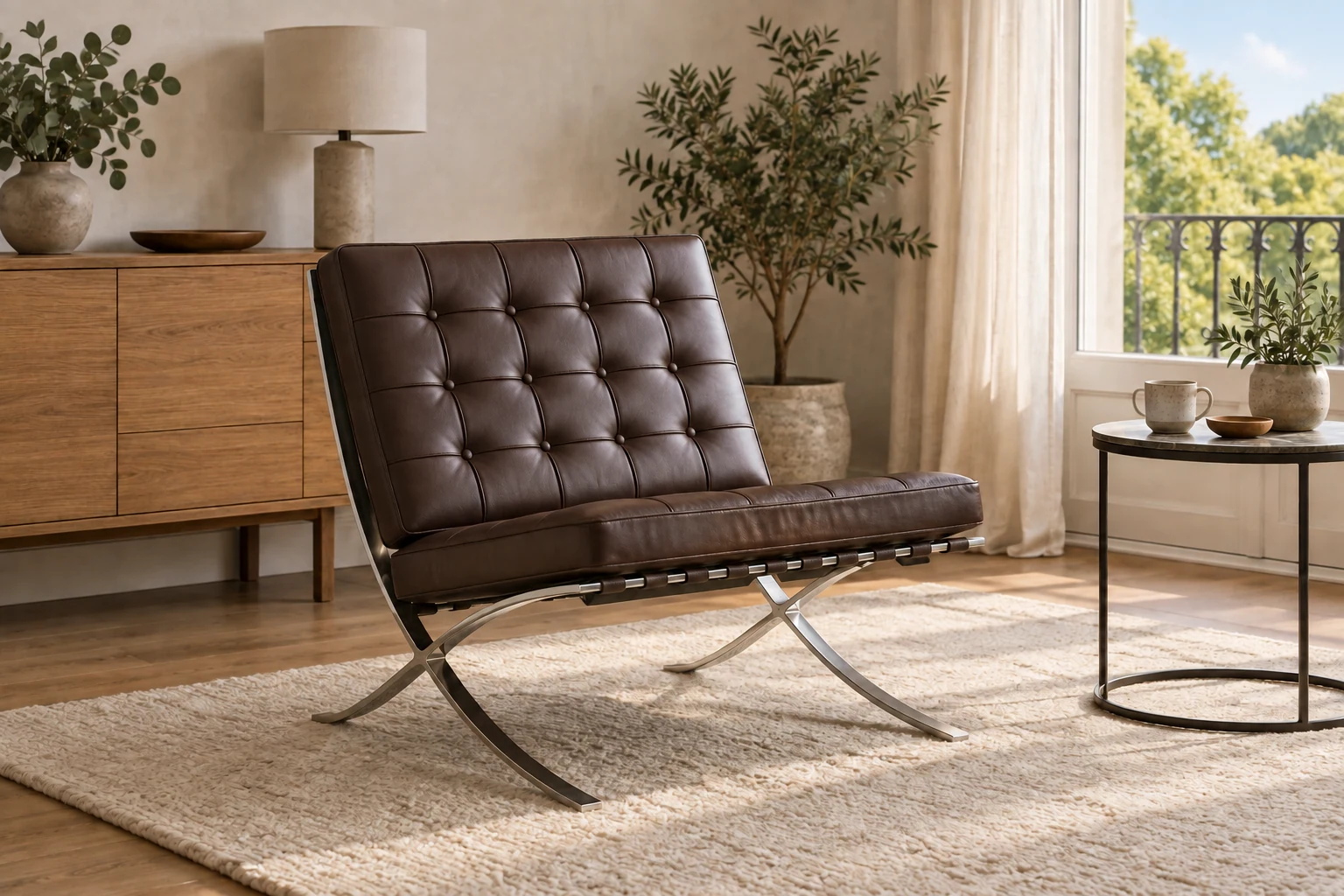 A brown quilted Barcelona-style lounge chair with a crossed metal frame stands on a pale rug beside a window.