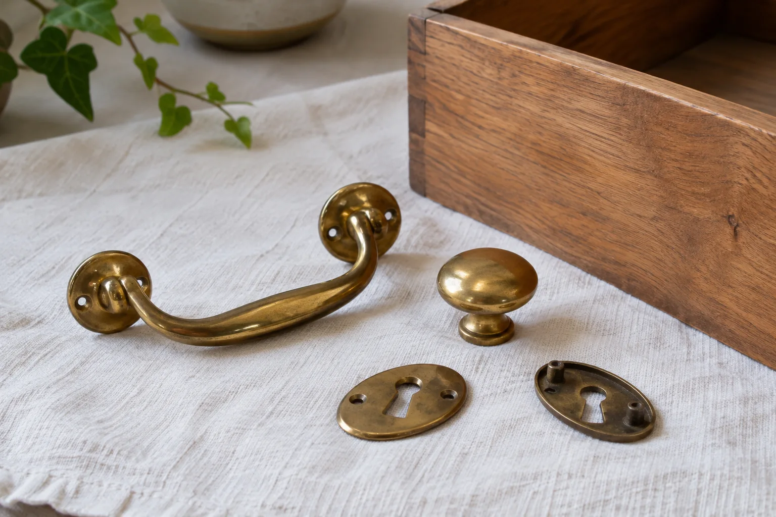 A brass-coloured handle, knob and two keyhole plates lying on cloth beside a drawer.