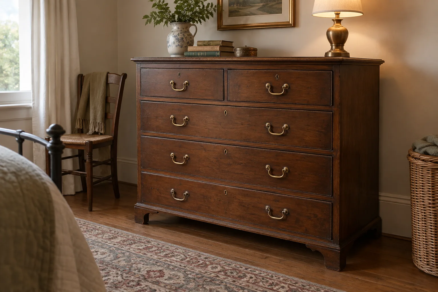 A dark wooden chest with warm brass-coloured drawer pulls in a bedroom.